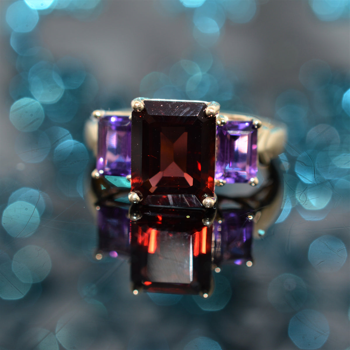 10K Yellow Gold Emerald Cut Garnet And Amethyst Ring