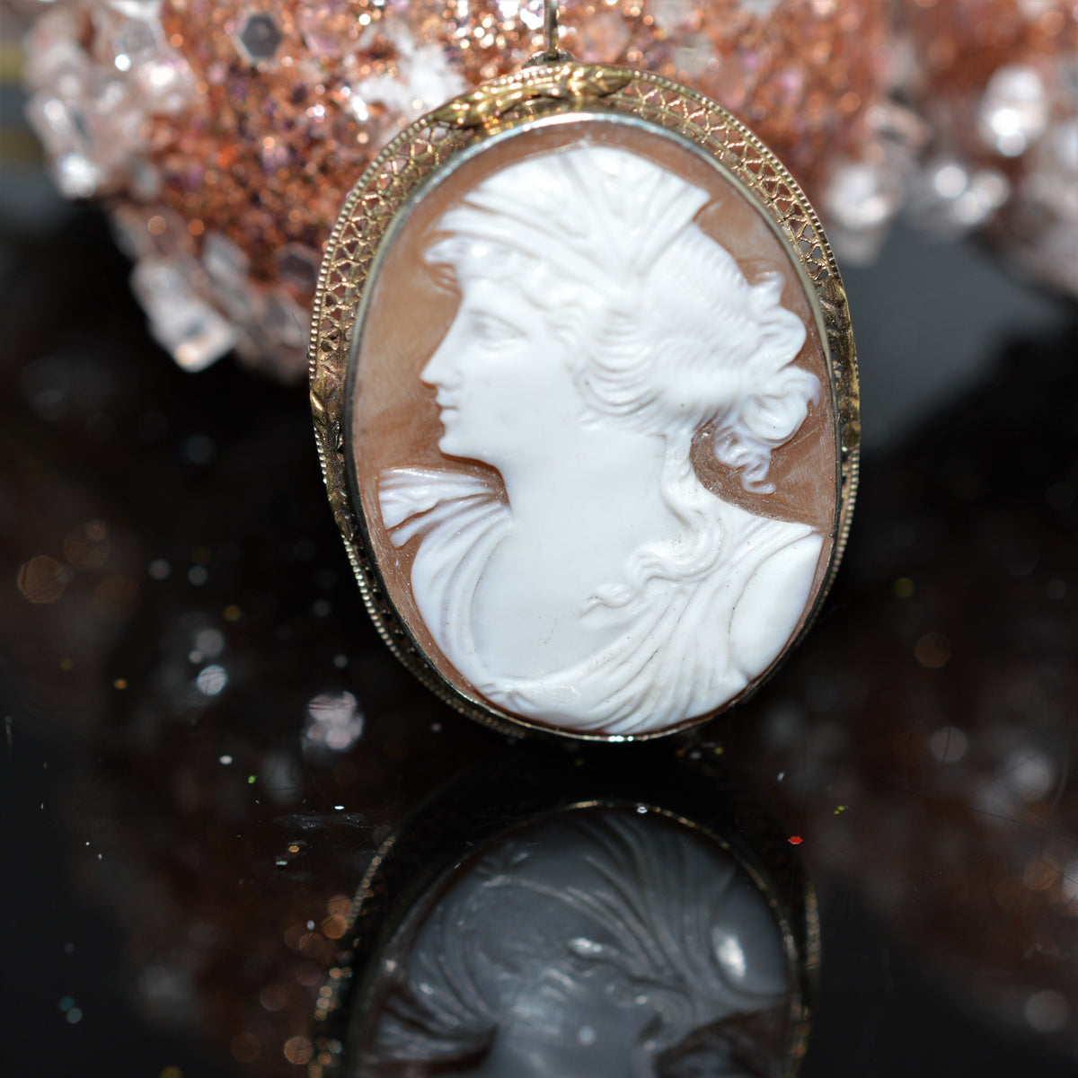 Antique Shell Cameo Two Tone Gold Brooch and Pendant