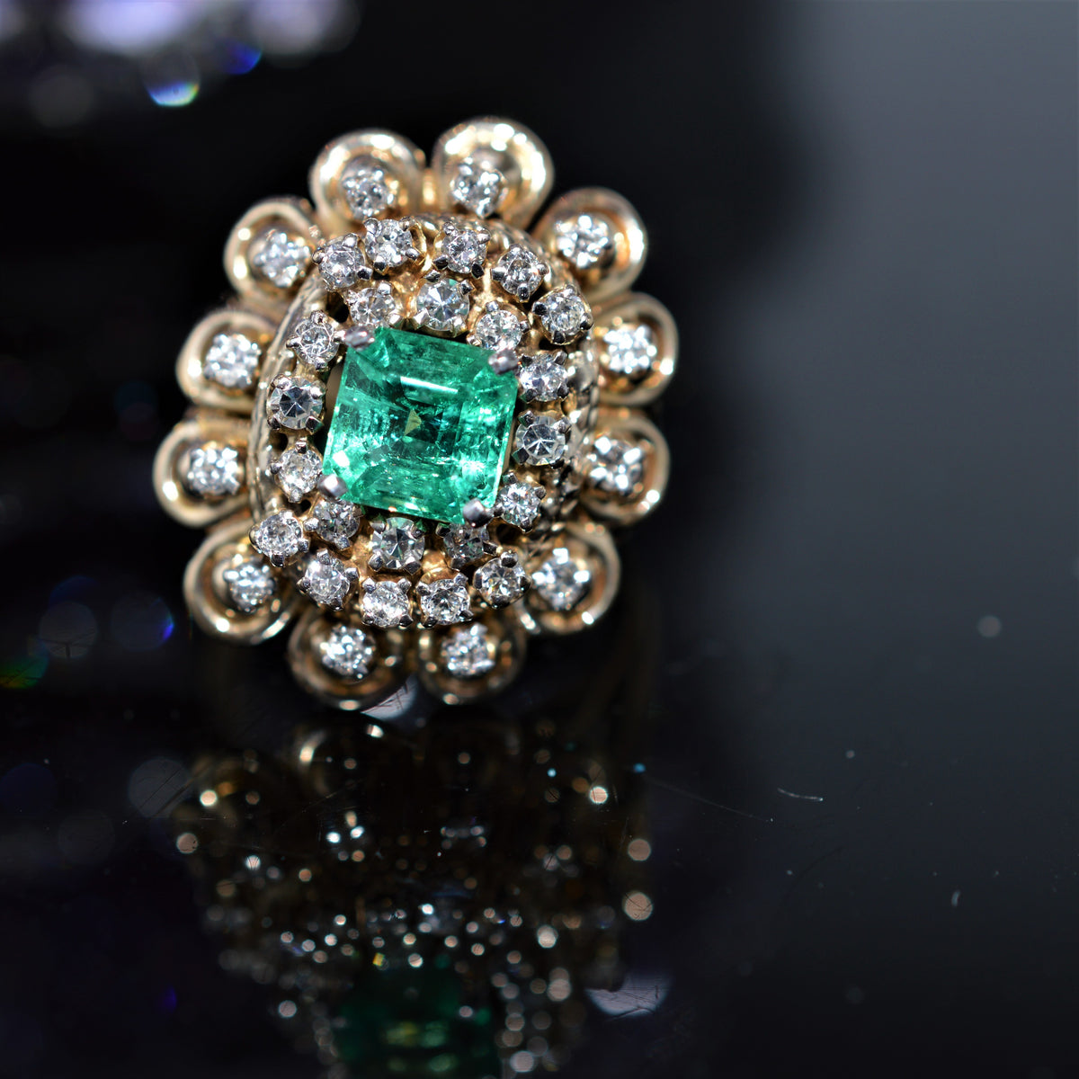 14K Yellow Gold Genuine Emerald And Diamond Cluster Ring