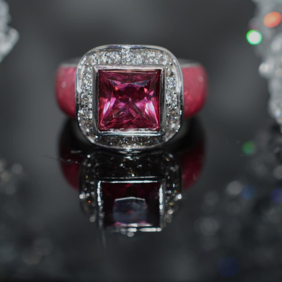 14k White Gold Diamond, Pink Enameled, And Created Pink Sapphire Ring