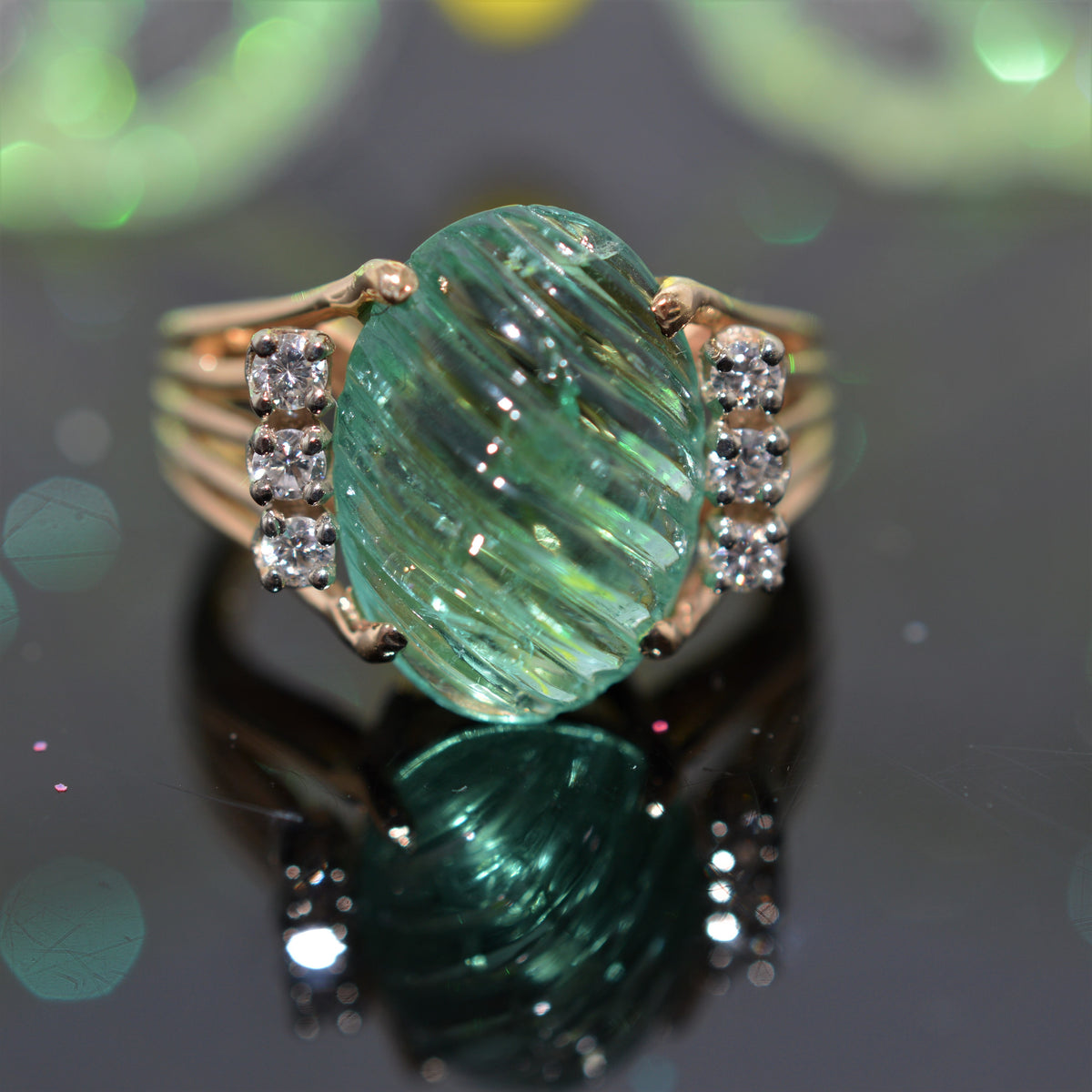 14K Yellow Gold Genuine Carved Emerald And Diamond Ring