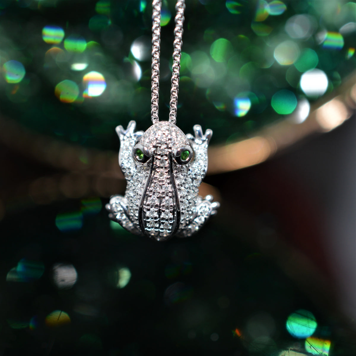14K White Gold Adorable Diamond And Tsavorite Garnet Frog Pendant
