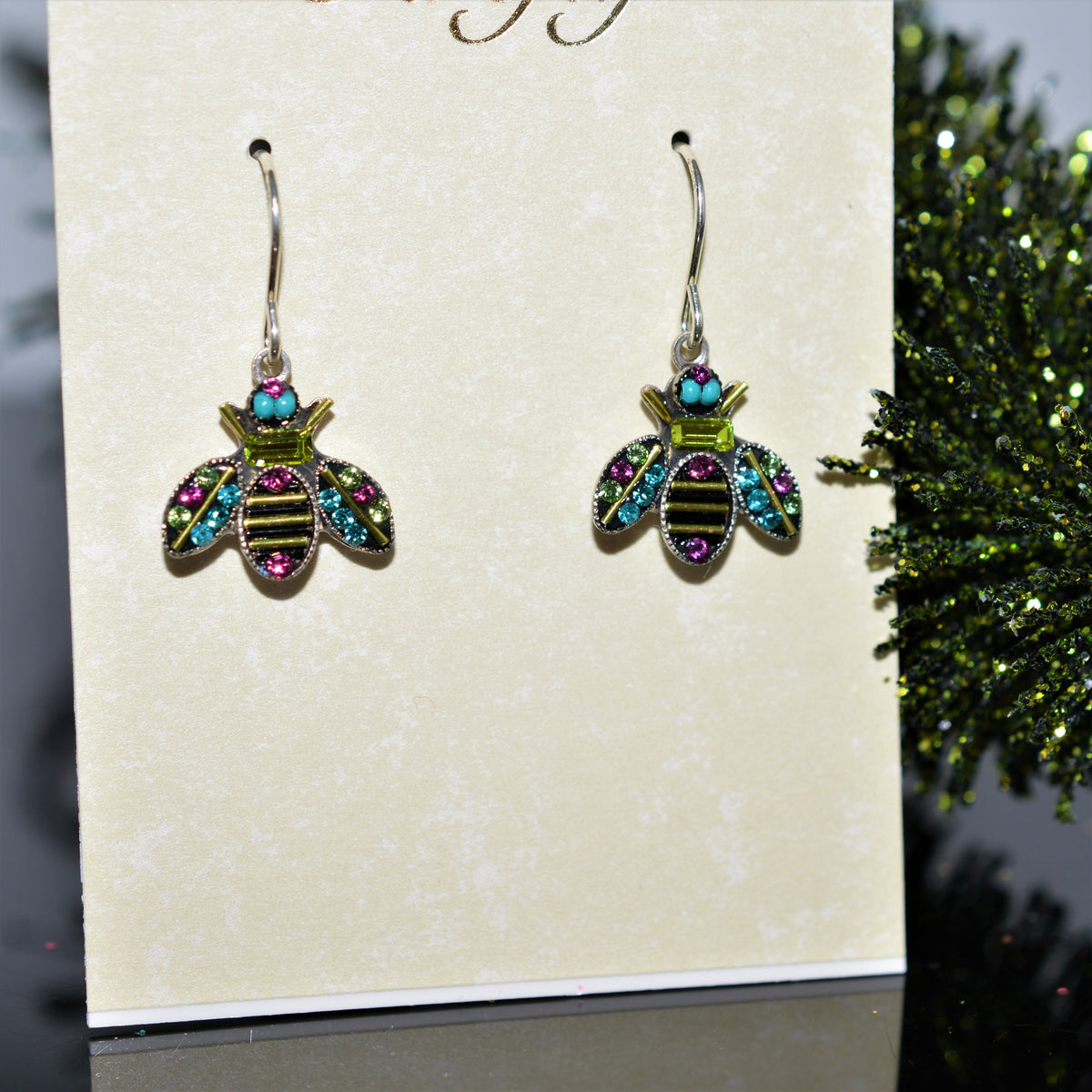 Antique Silver Plated Queen Bee Earrings With Citrus Green Crystals by Firefly