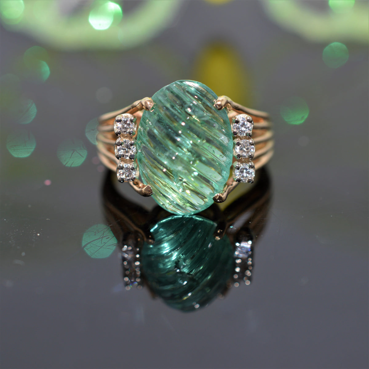 14K Yellow Gold Genuine Carved Emerald And Diamond Ring