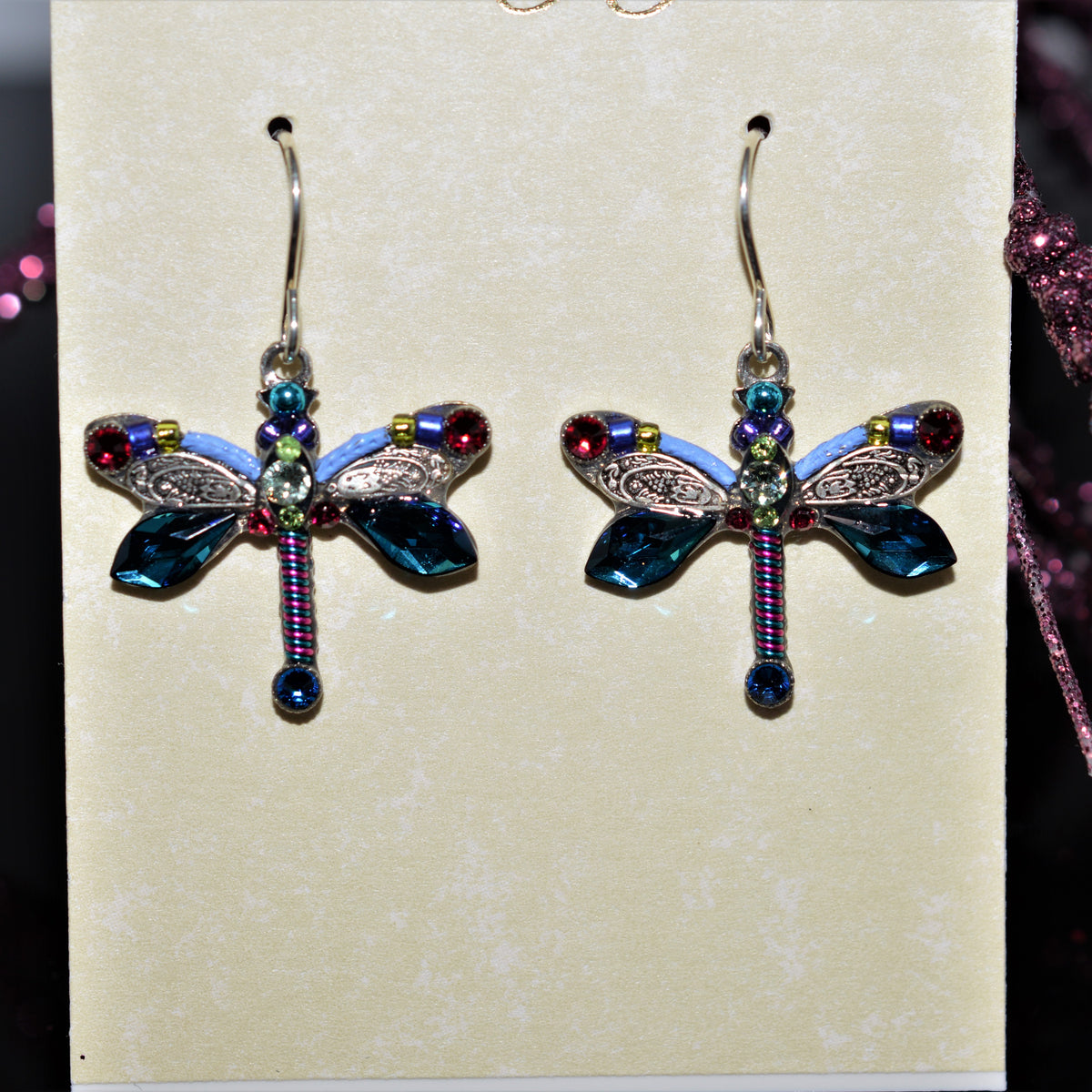 Antique Silver Plated Large Dragonfly Earrings With Bermuda Blue Crystals by Firefly