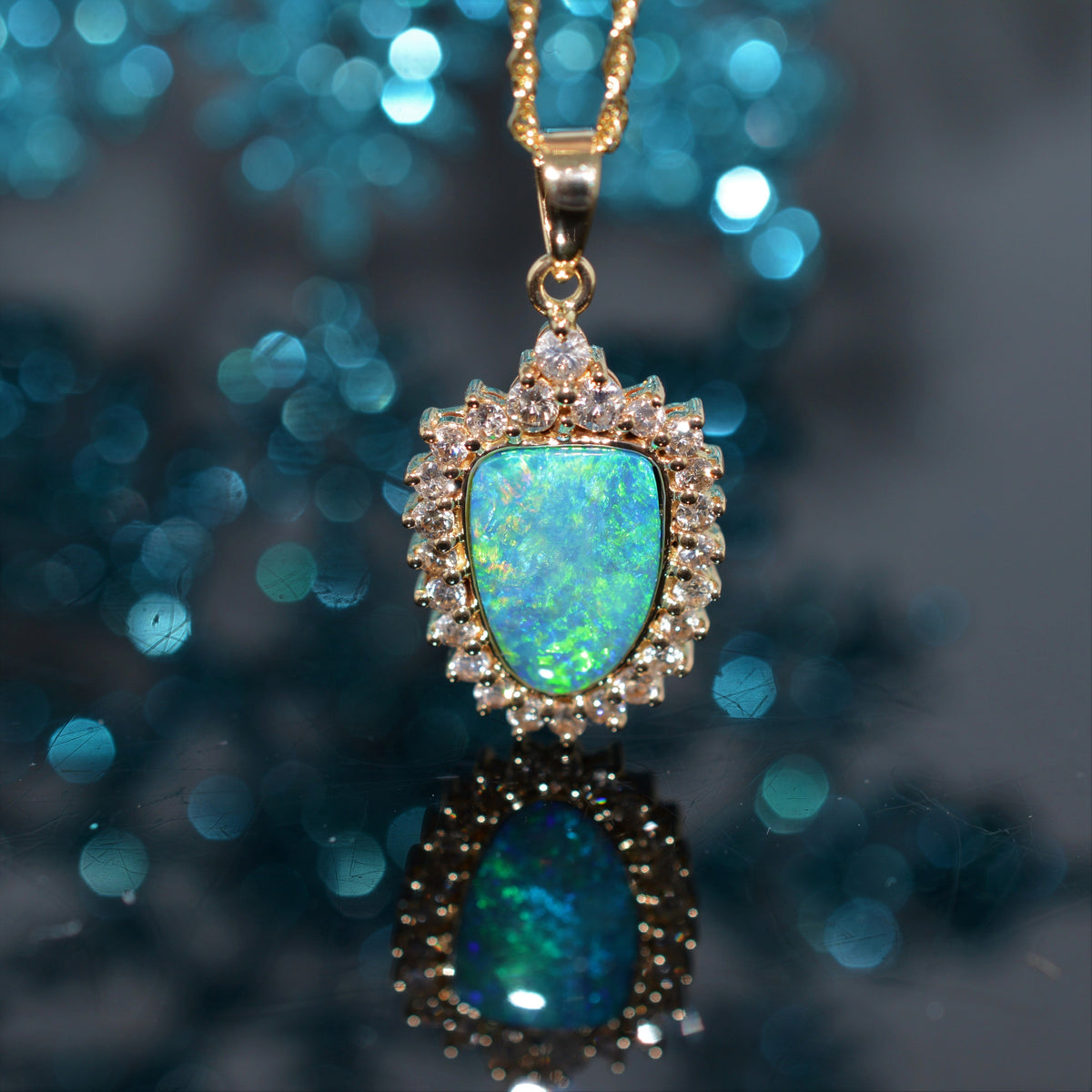 14K Yellow Gold Opal And Diamond Necklace