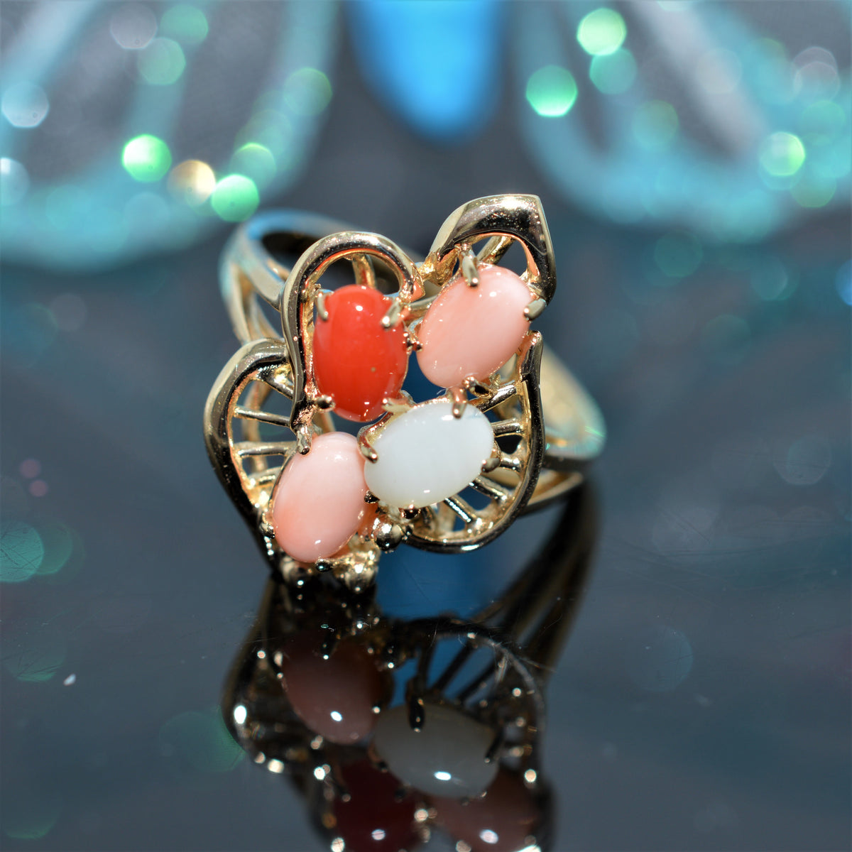 14K Yellow Gold Multi-Color Coral Ring