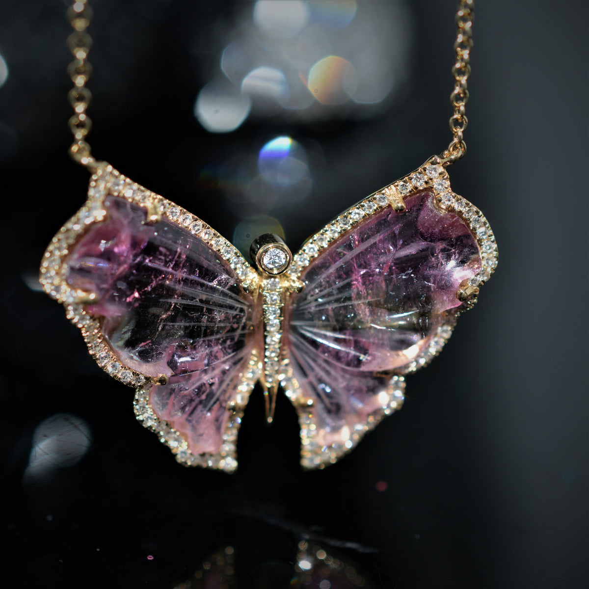 14K Yellow Gold Tourmaline And Diamond Butterfly Necklace