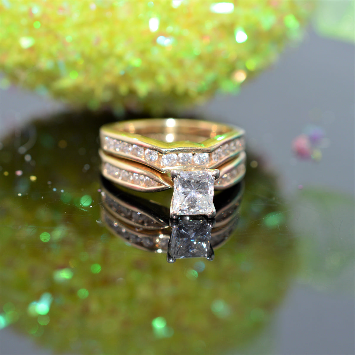 Ladies 14K Yellow Gold Princess Diamond Engagement Ring Set