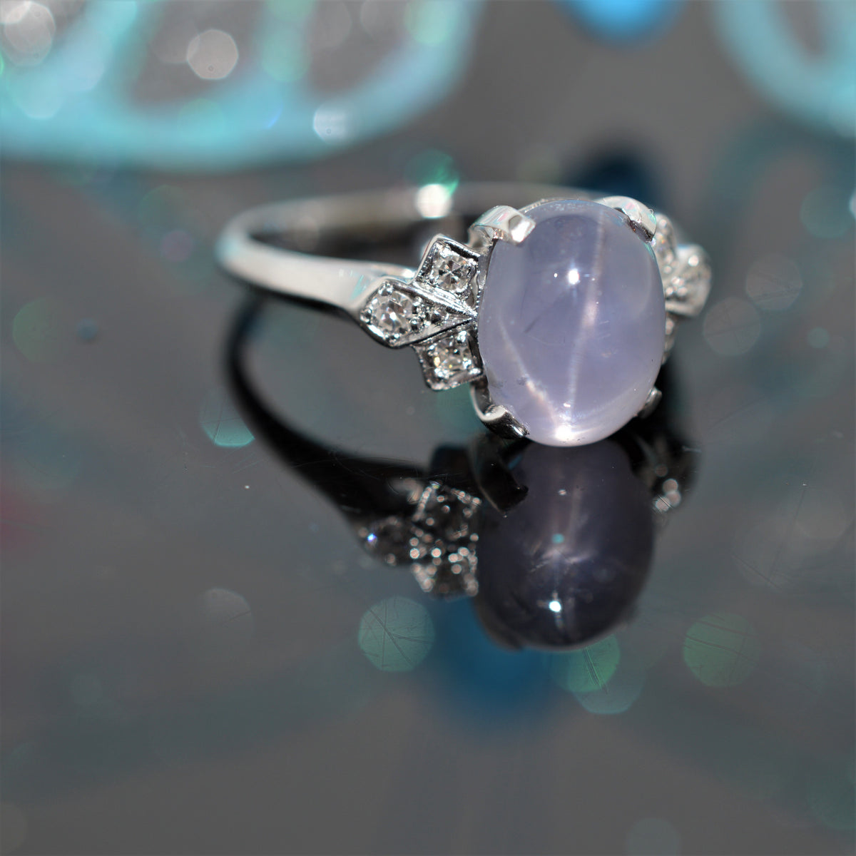 14K White Gold Genuine Star Sapphire And Diamond Ring