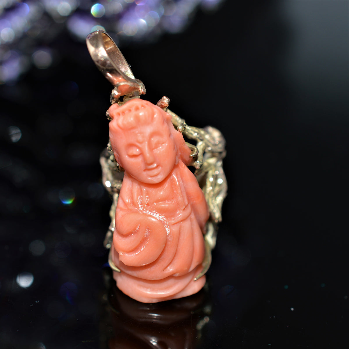 14K Yellow Gold Hand Carved Pink Coral Pendant