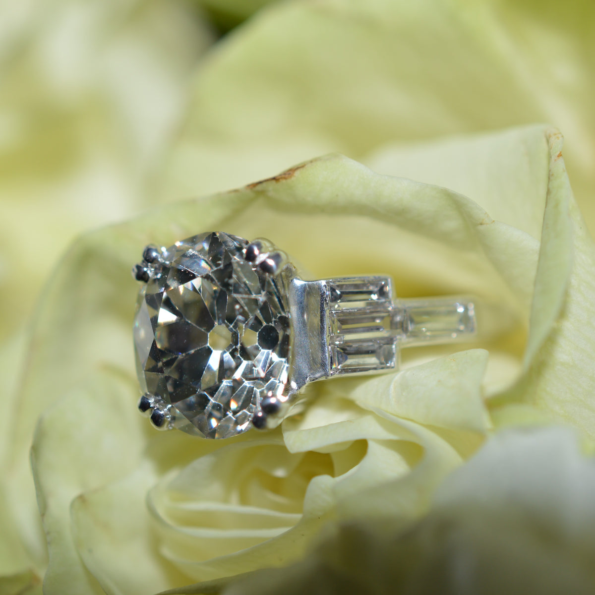 Breathtaking Platinum Art Deco Ring With A 3.71 Carat Old Mine Cut Diamond