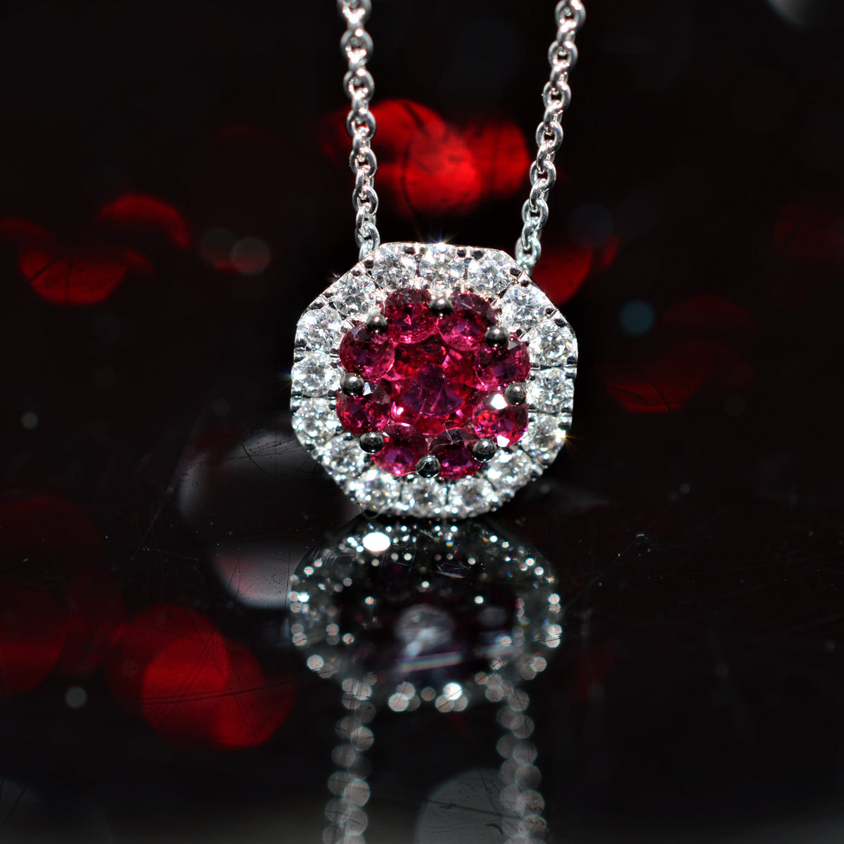 18K White Gold Octagonal Invisibly Set Ruby And Diamond Halo Pendant