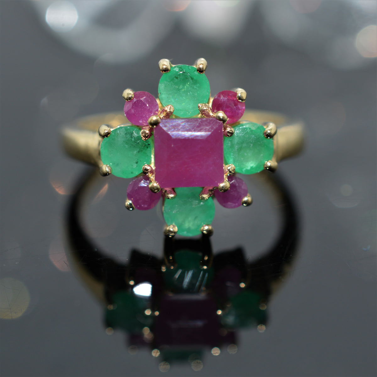 14K Yellow Gold Genuine Emerald And Ruby Ring