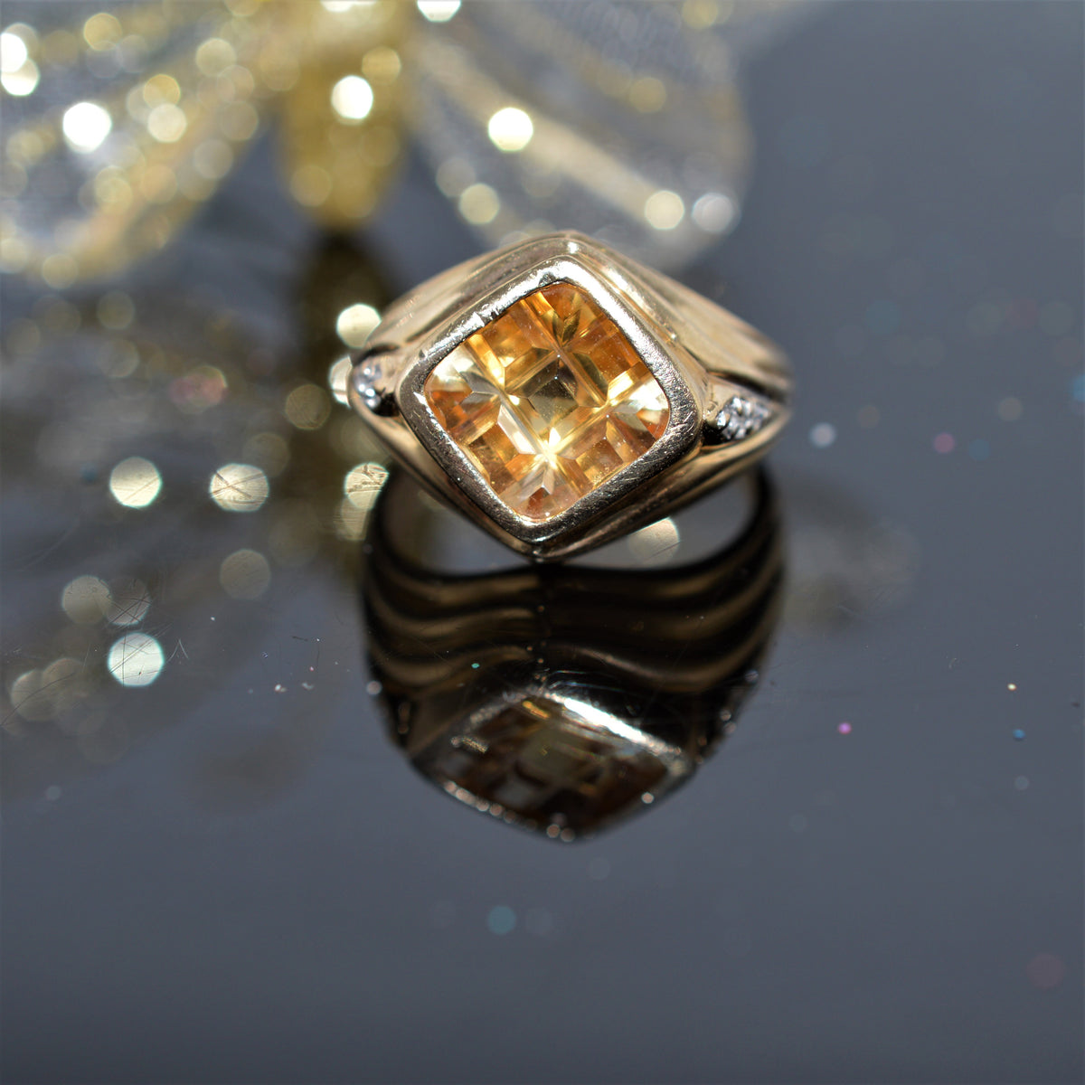 14K Yellow Gold Square Waffle Cut Citrine And Diamond Ring