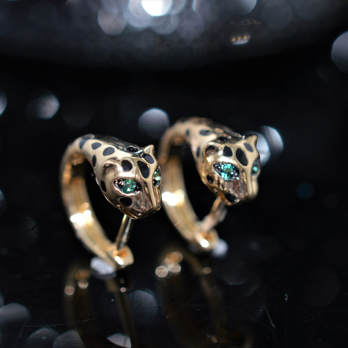 14K Yellow Gold Enameled Panther Hoop Earrings With Emerald Eyes