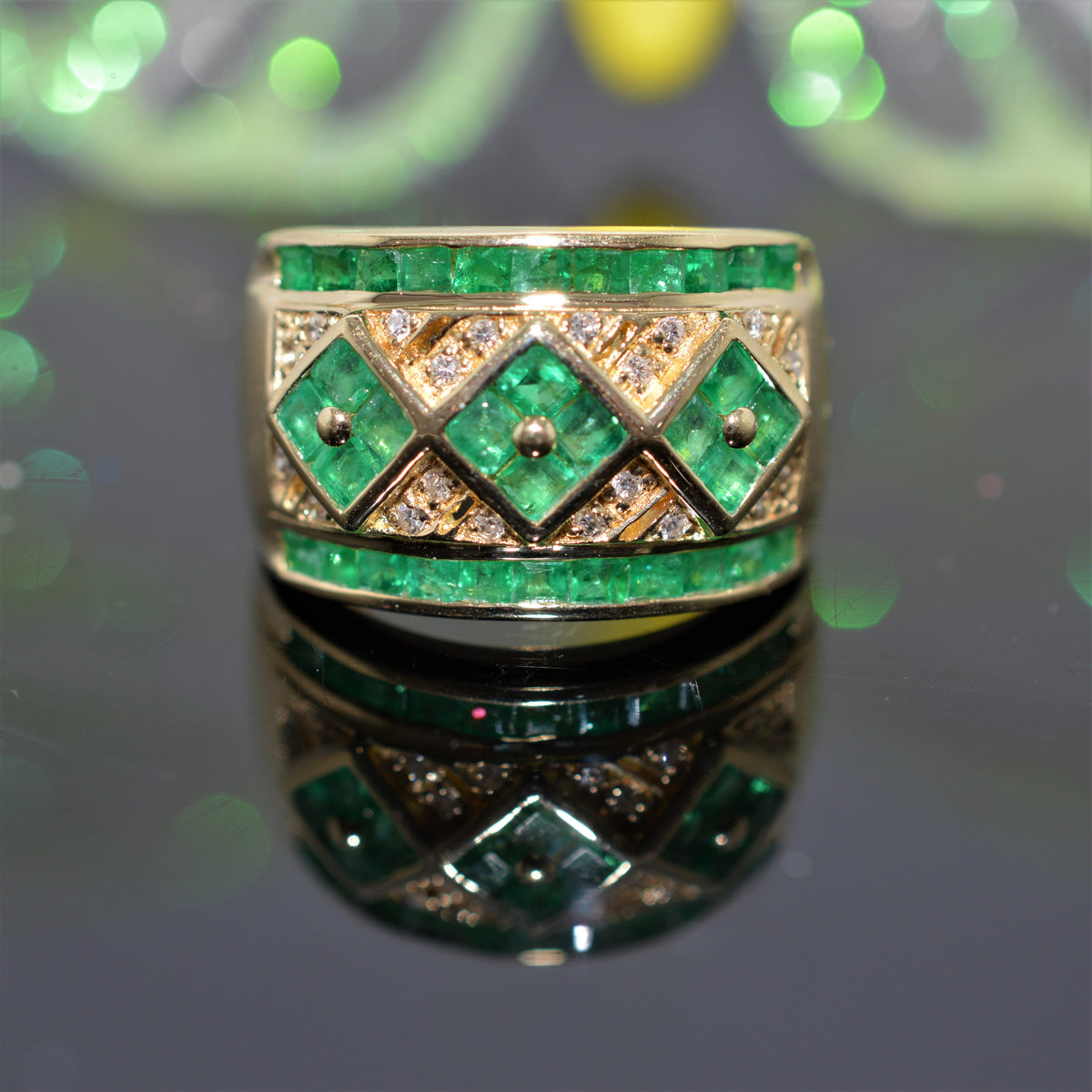 14K Yellow Gold Wide Emerald And Diamond Band Ring