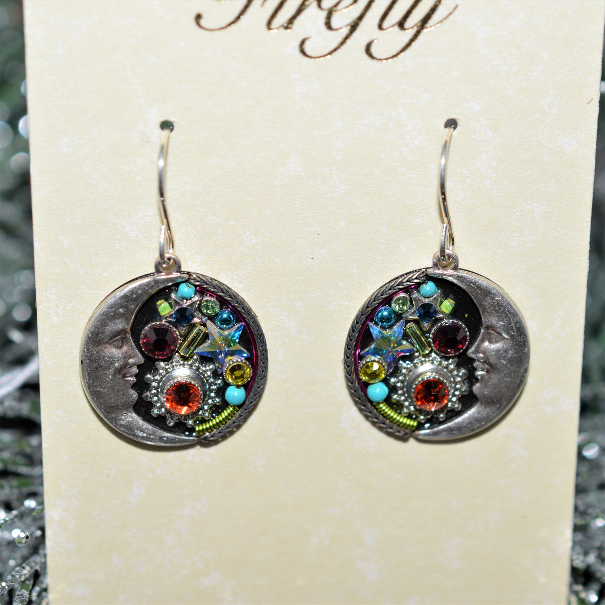 Antique Silver Plated Crescent Moon Earrings With Multicolor Crystals by Firefly