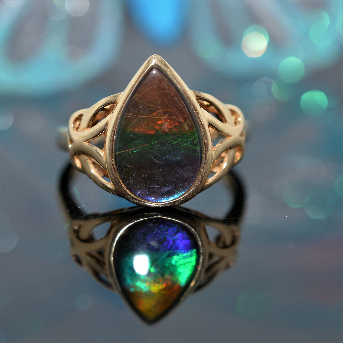 14K Yellow Gold Teardrop Shape Ammolite Ring