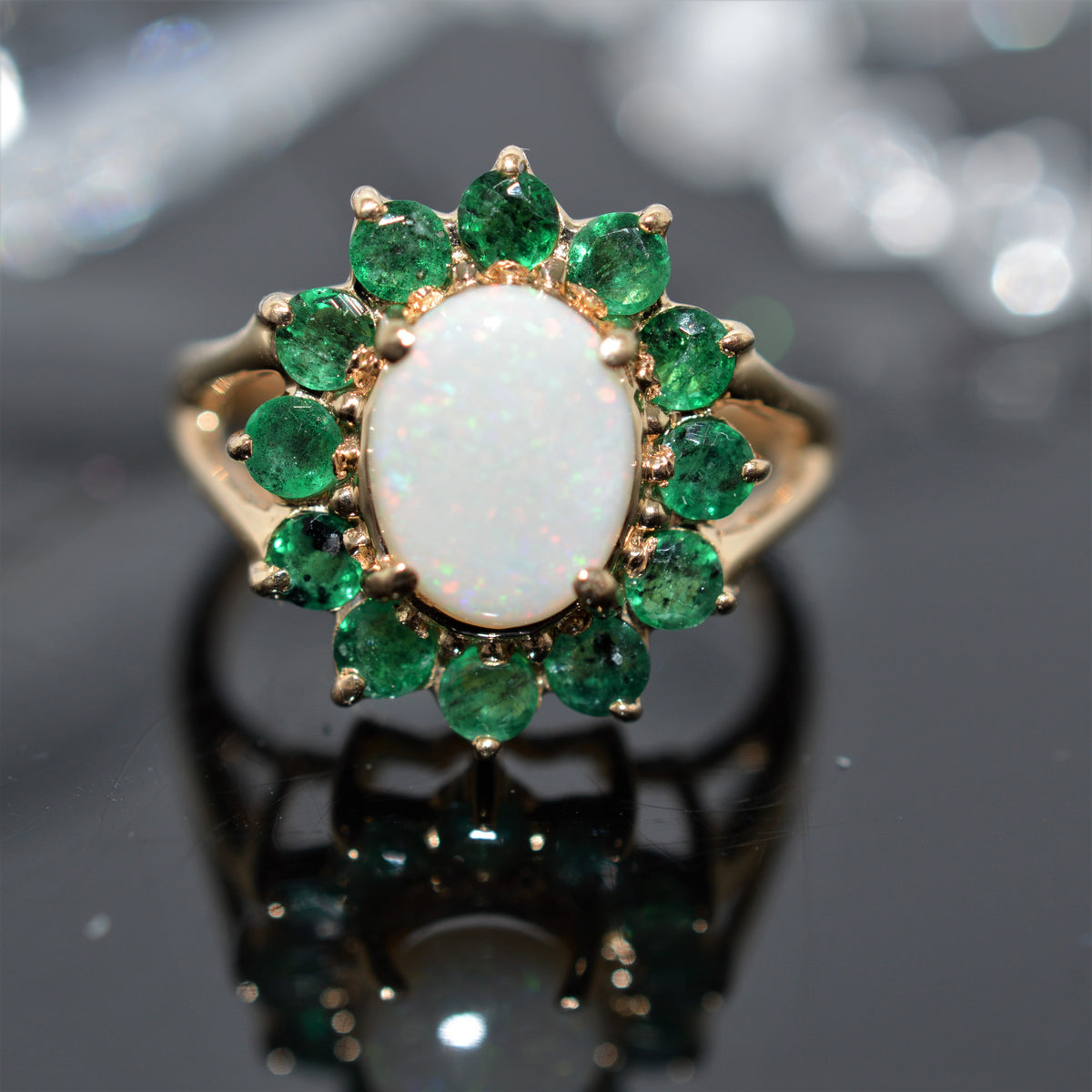 14K Yellow Gold Genuine Opal And Emerald Ring