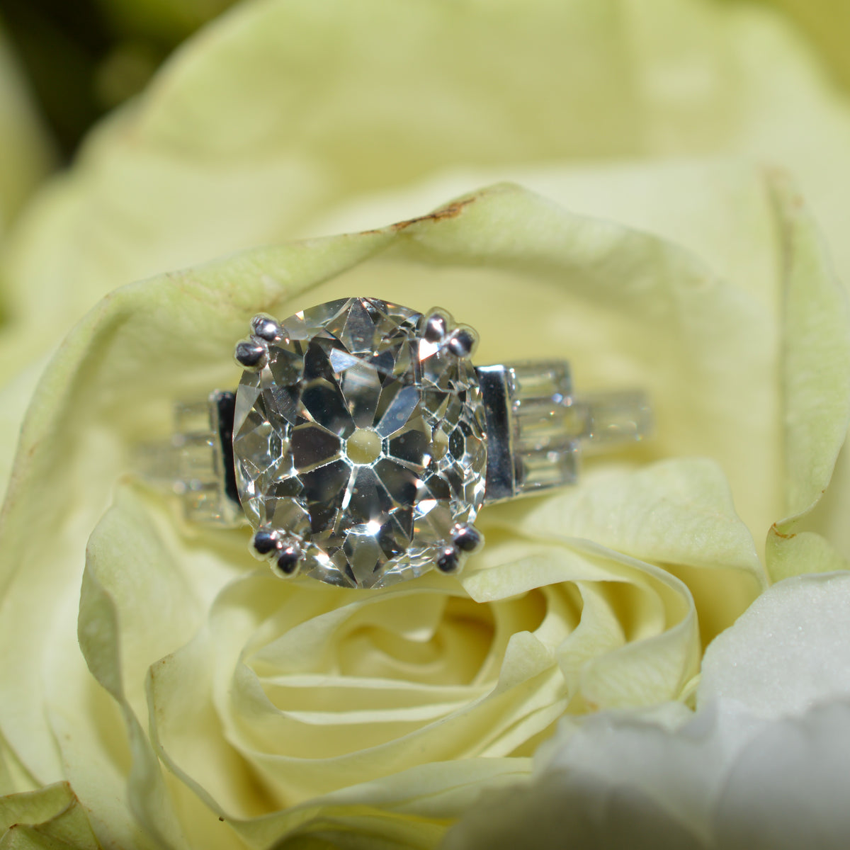 Breathtaking Platinum Art Deco Ring With A 3.71 Carat Old Mine Cut Diamond