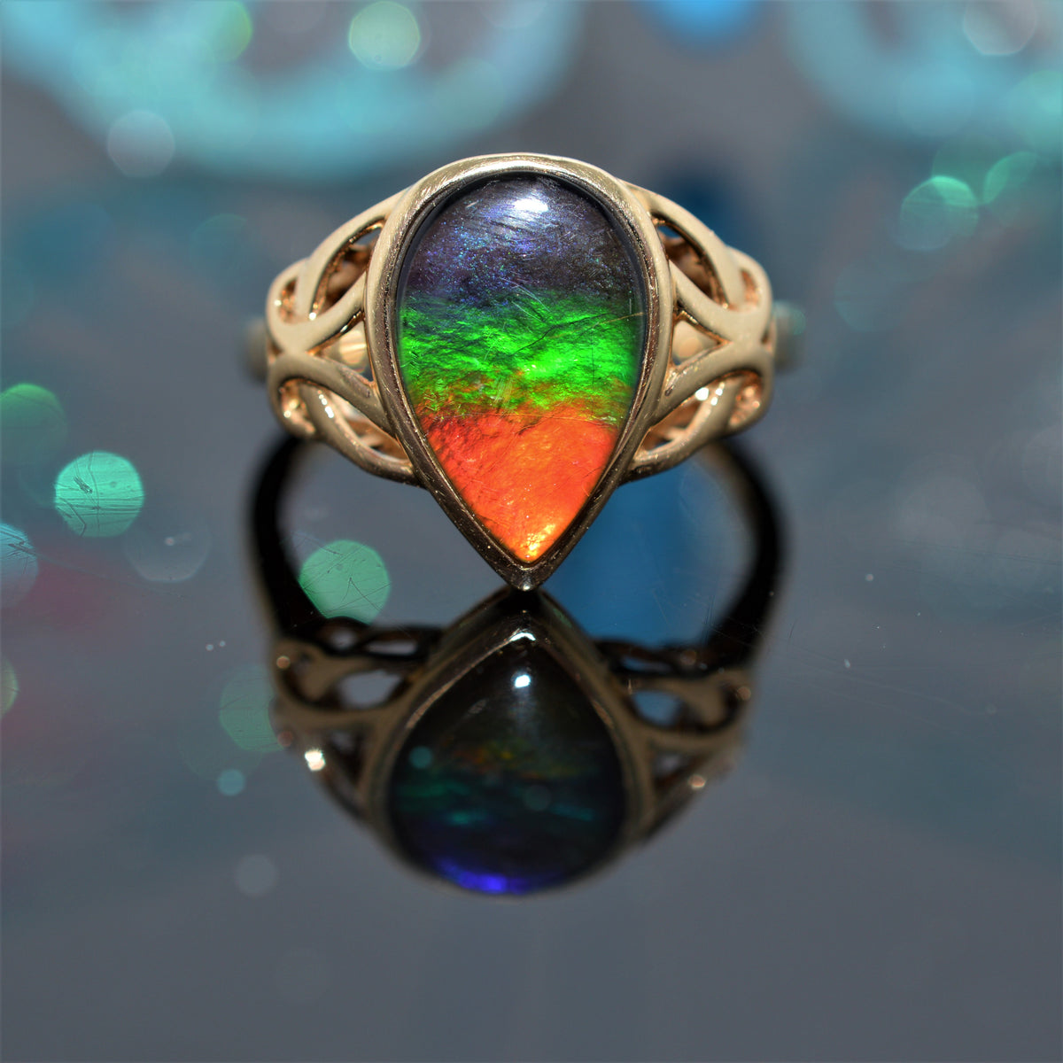 14K Yellow Gold Teardrop Shape Ammolite Ring