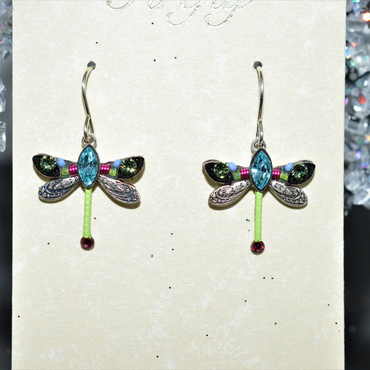 Antique Silver Plated Petite Dragonfly Earrings With Multicolor Crystals by Firefly
