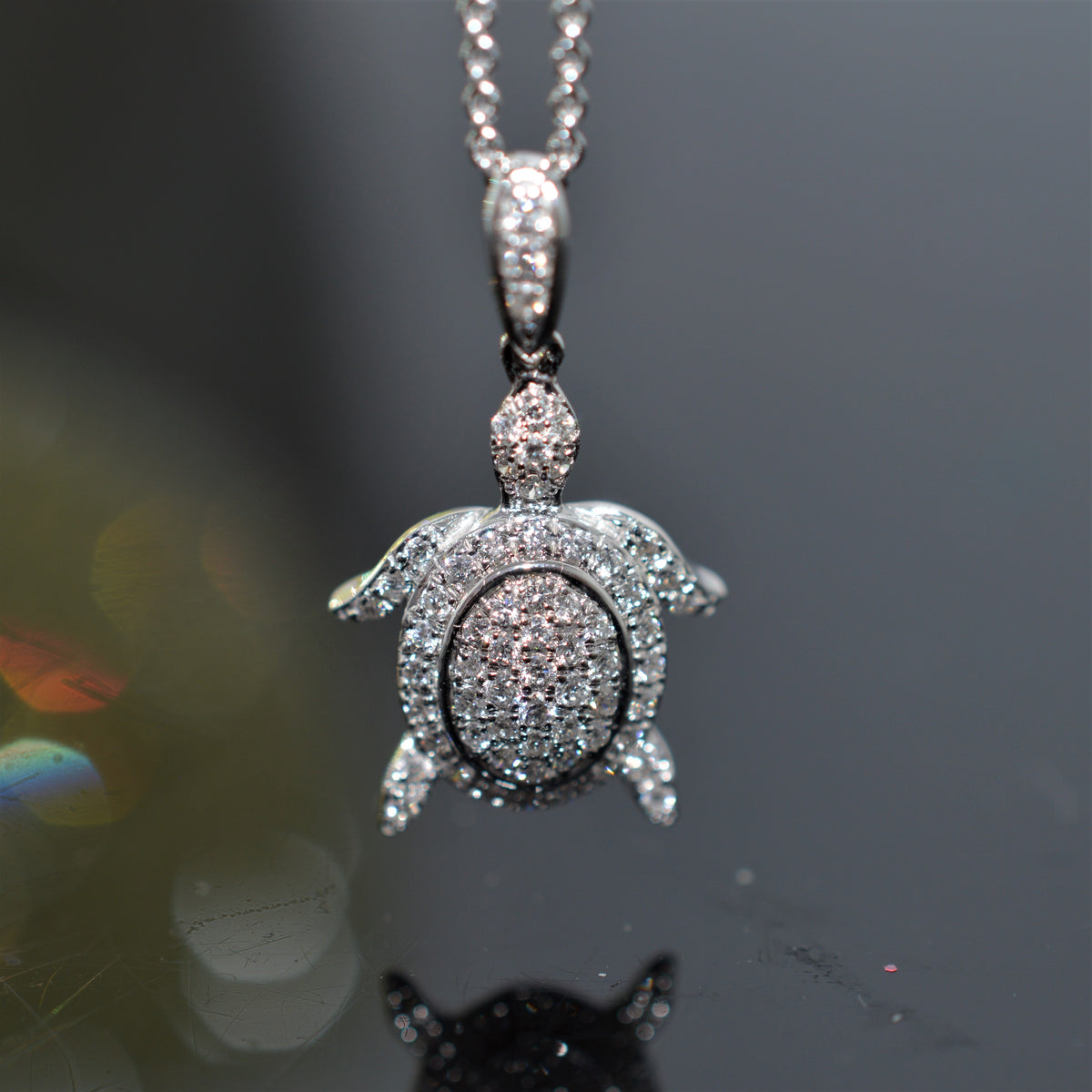 14K White Gold Cute Diamond Turtle Pendant