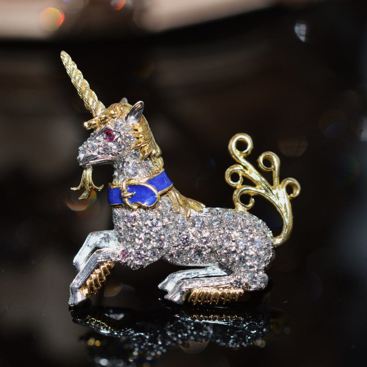 Rare 18K Yellow Gold And Platinum Diamond Unicorn Brooch By McTeigue