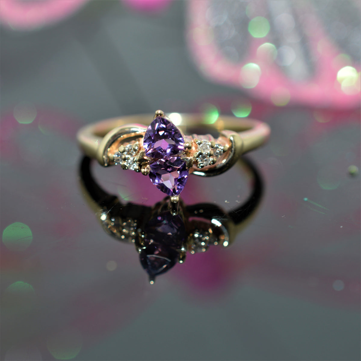 14K Yellow Gold Double Heart Cut Amethyst And Diamond Ring