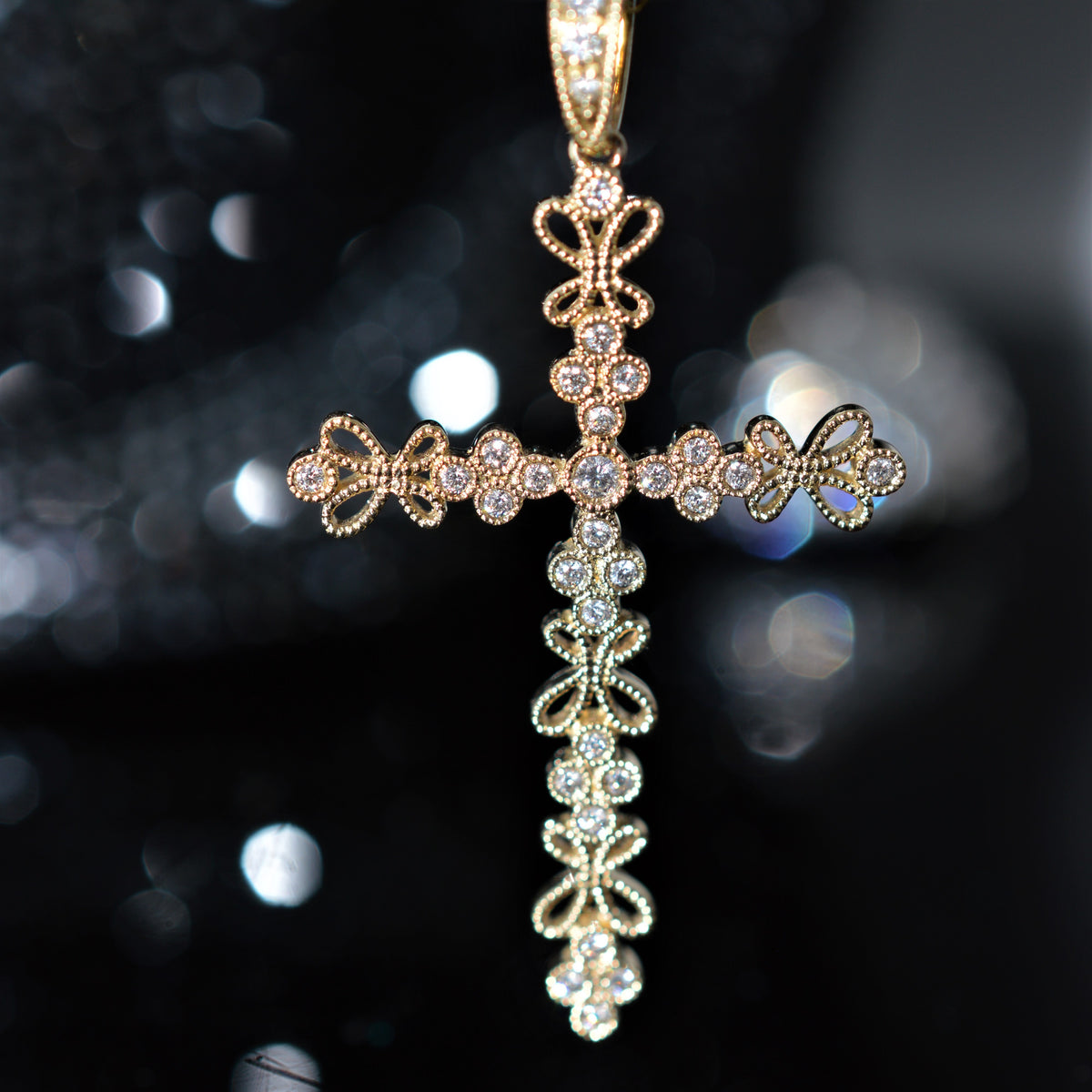 14K Yellow Gold 1.5 Inch Long Diamond Cross Necklace