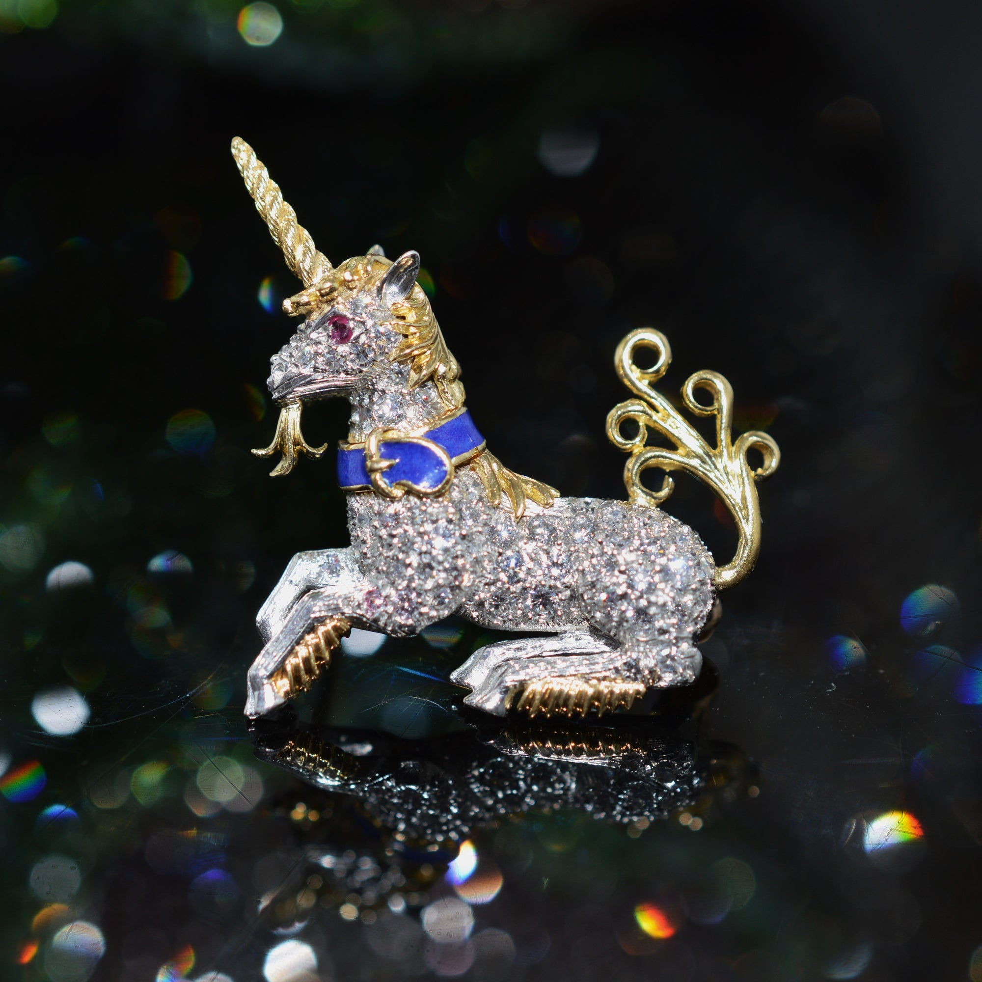 Rare 18K Yellow Gold And Platinum Diamond Unicorn Brooch By McTeigue