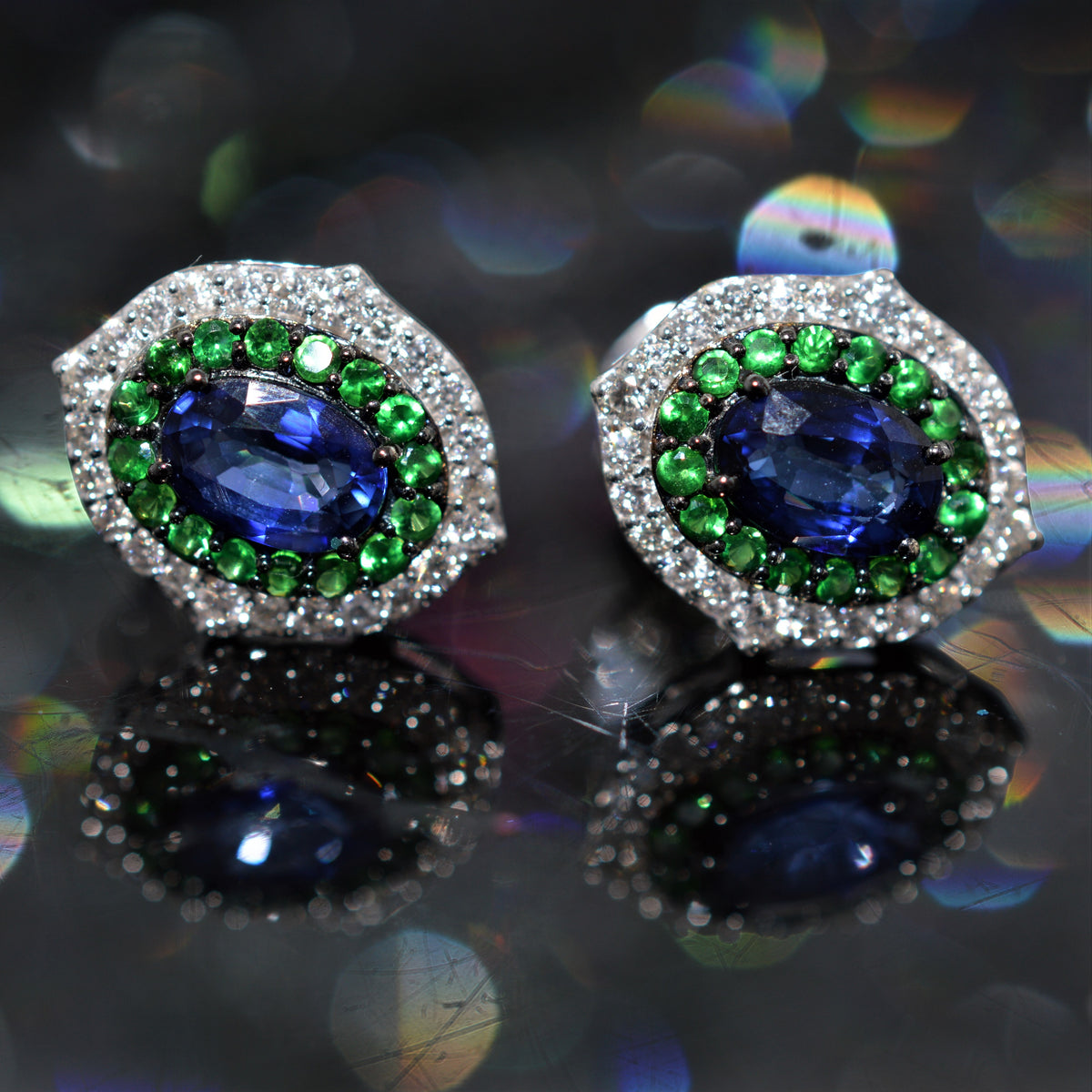 18K White Gold Sapphire, Tsavorite, And Diamond Indigo Earrings by Vivaan