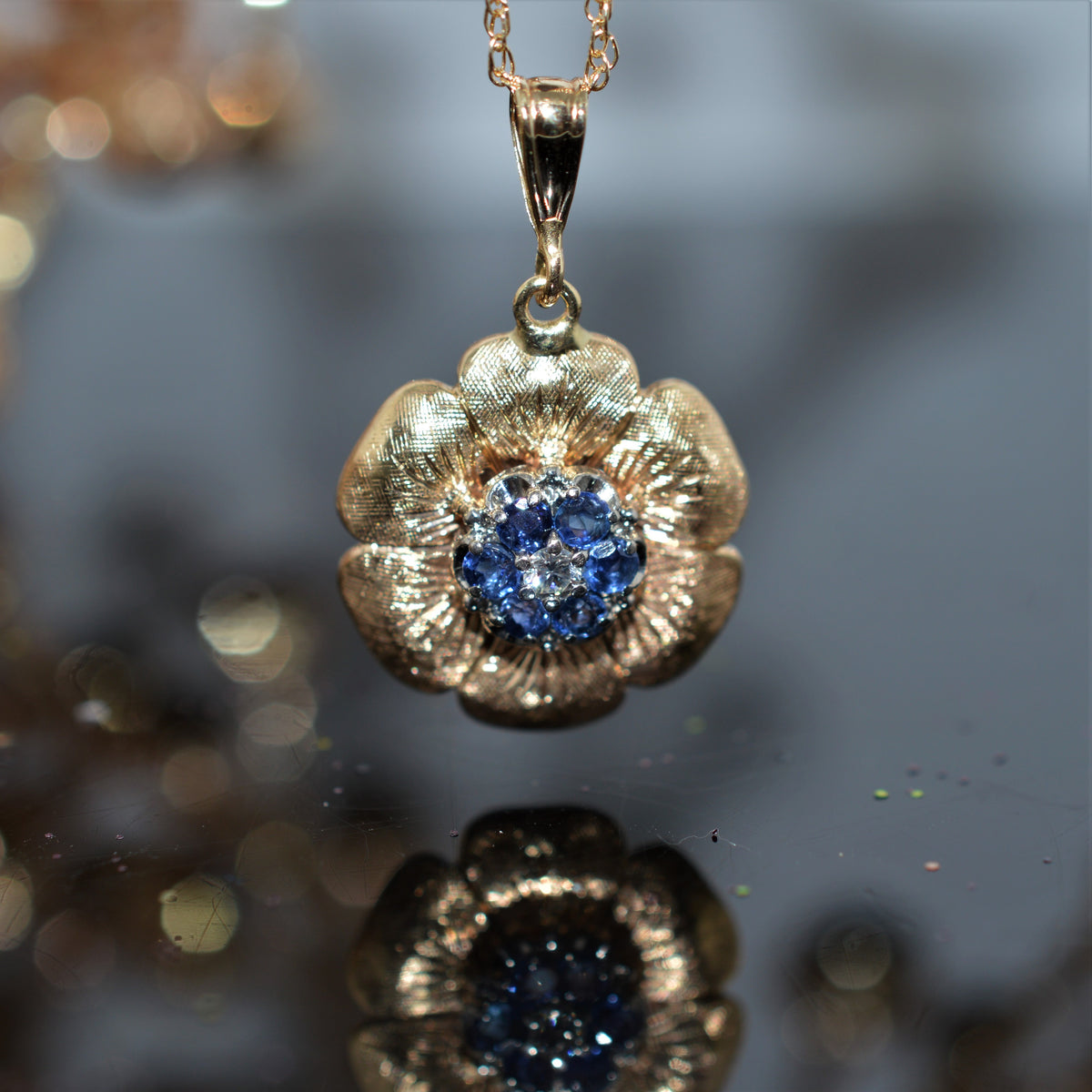 14K Yellow Gold Flower Necklace With Sapphires And Diamond