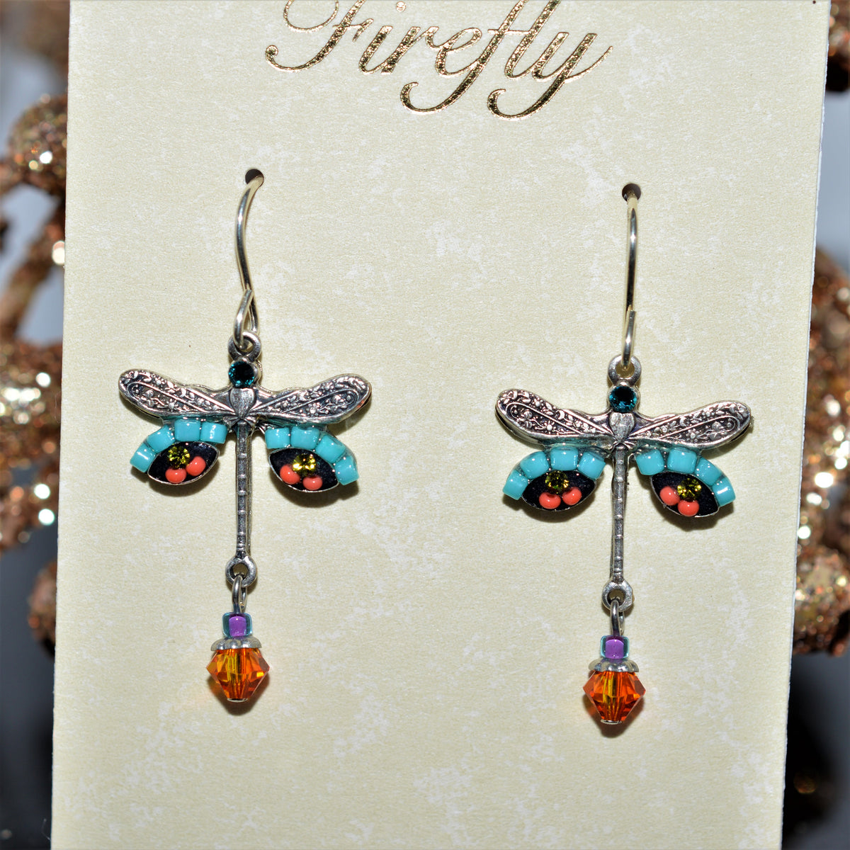 Antique Silver Plated Dragonfly Earrings With Multicolor Crystals by Firefly