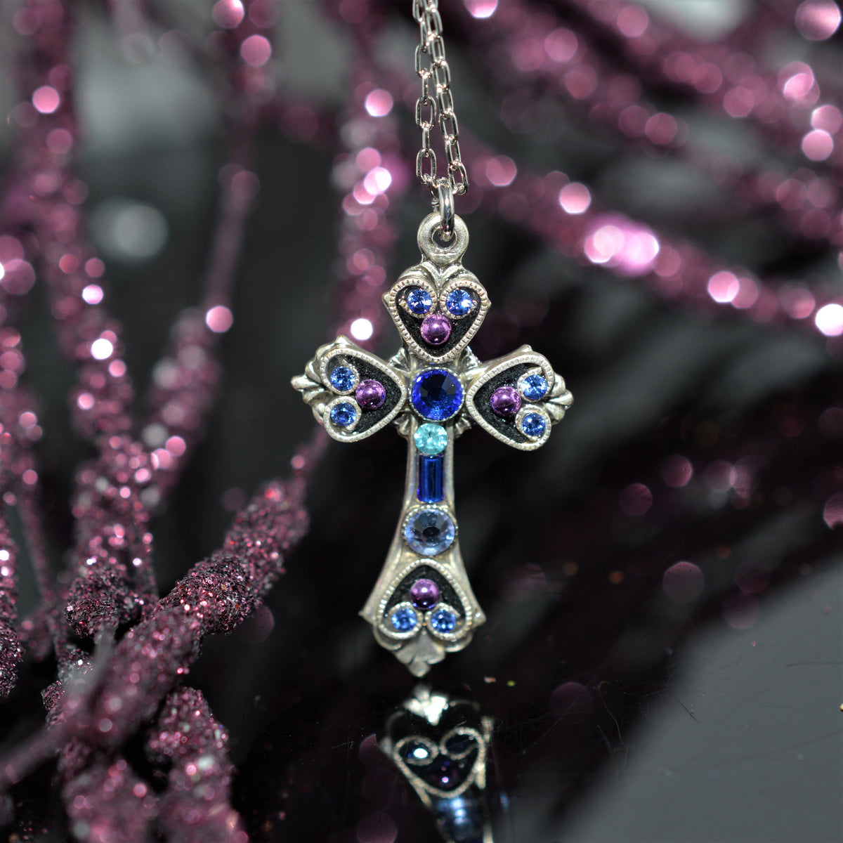 Antique Silver Plated Cross Pendant With Sapphire Colored Crystals by Firefly