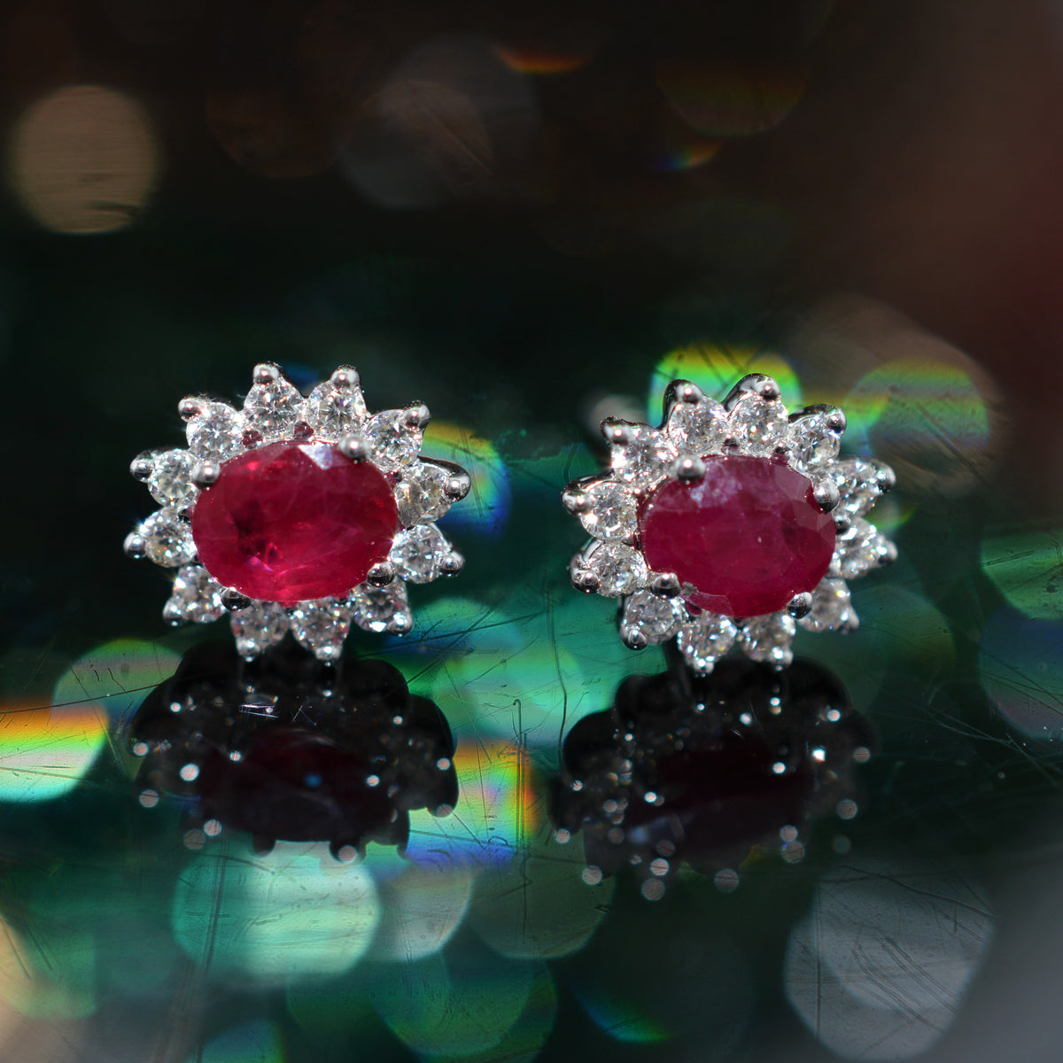 14K White Gold .91 Carat TW Oval Genuine Ruby And Diamond Earrings