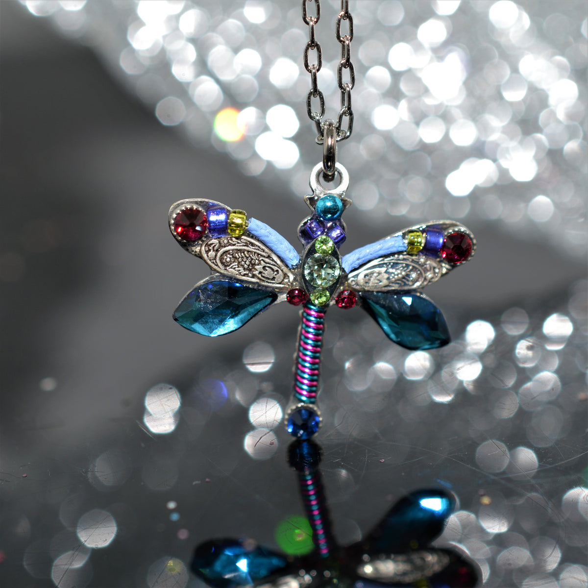 Antique Silver Plated Dragonfly Pendant With Bermuda Blue Colored Crystals by Firefly