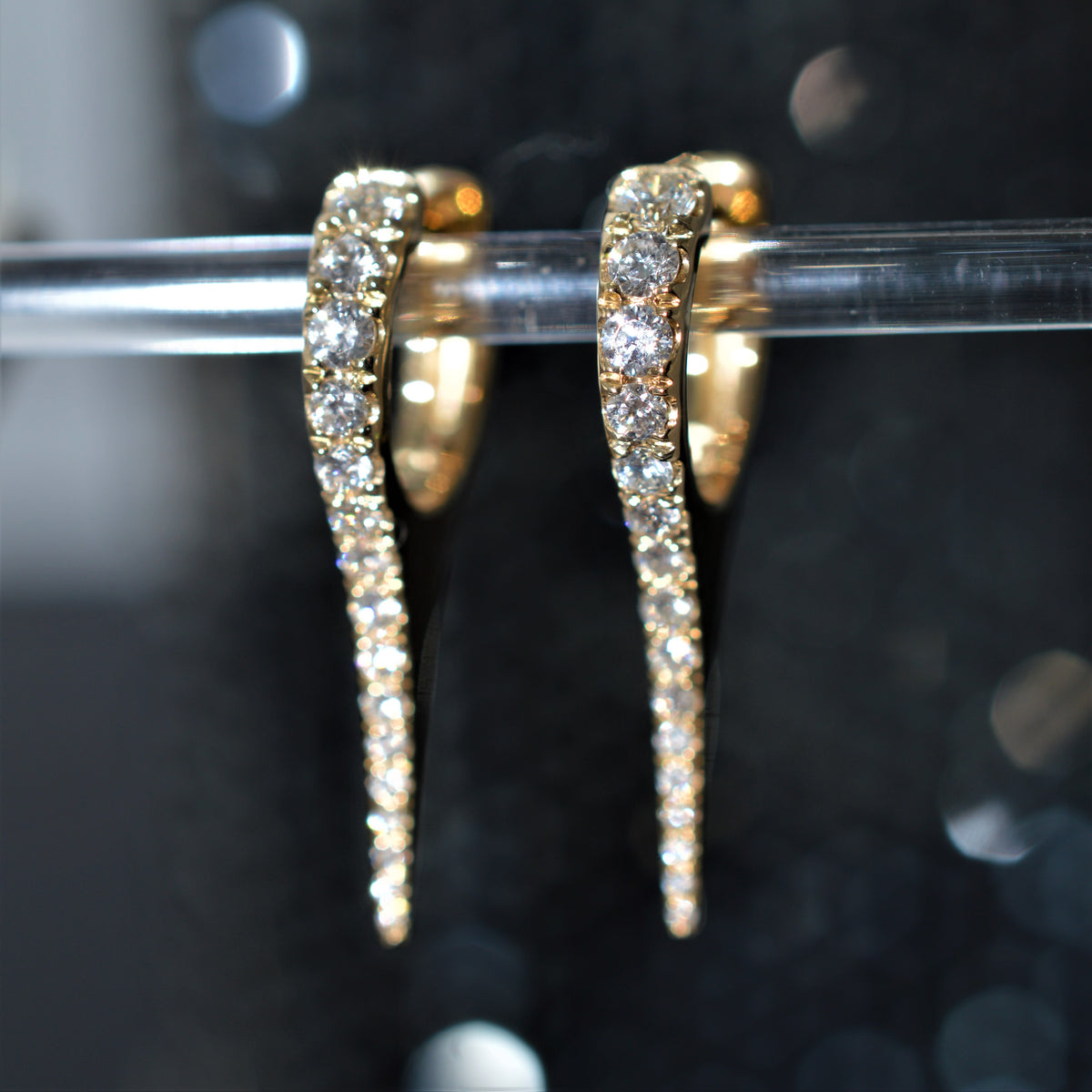 14K Yellow Gold Long Spike Diamond Hoop Earrings
