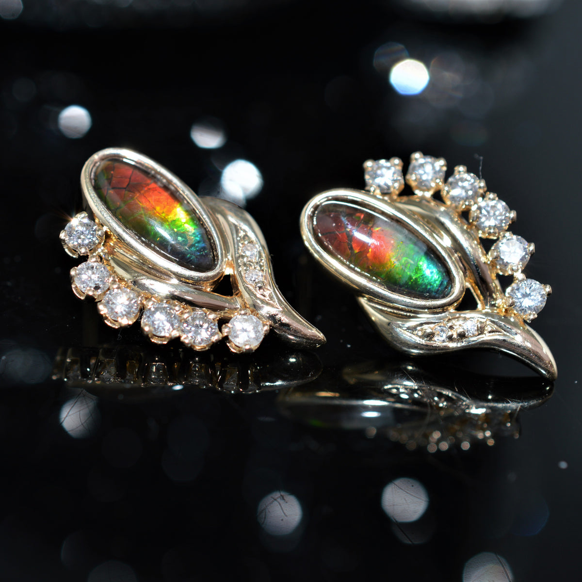 14K Yellow Gold Ammolite And Diamond Earrings