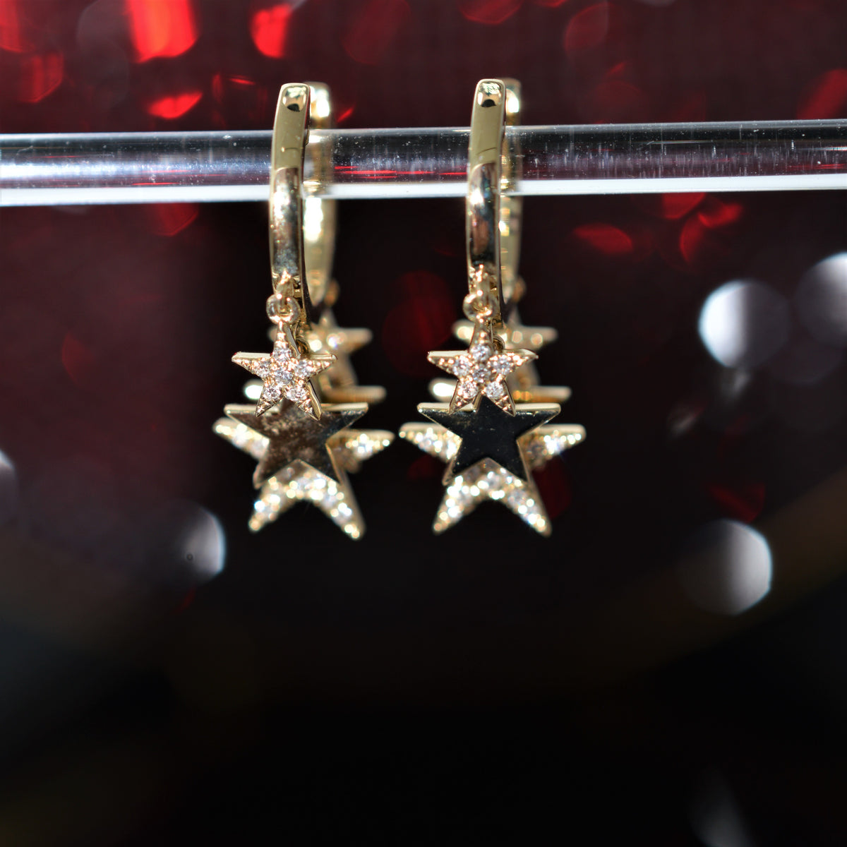 14K Yellow Gold Hoop Earrings With Dangling Diamond Star Charms