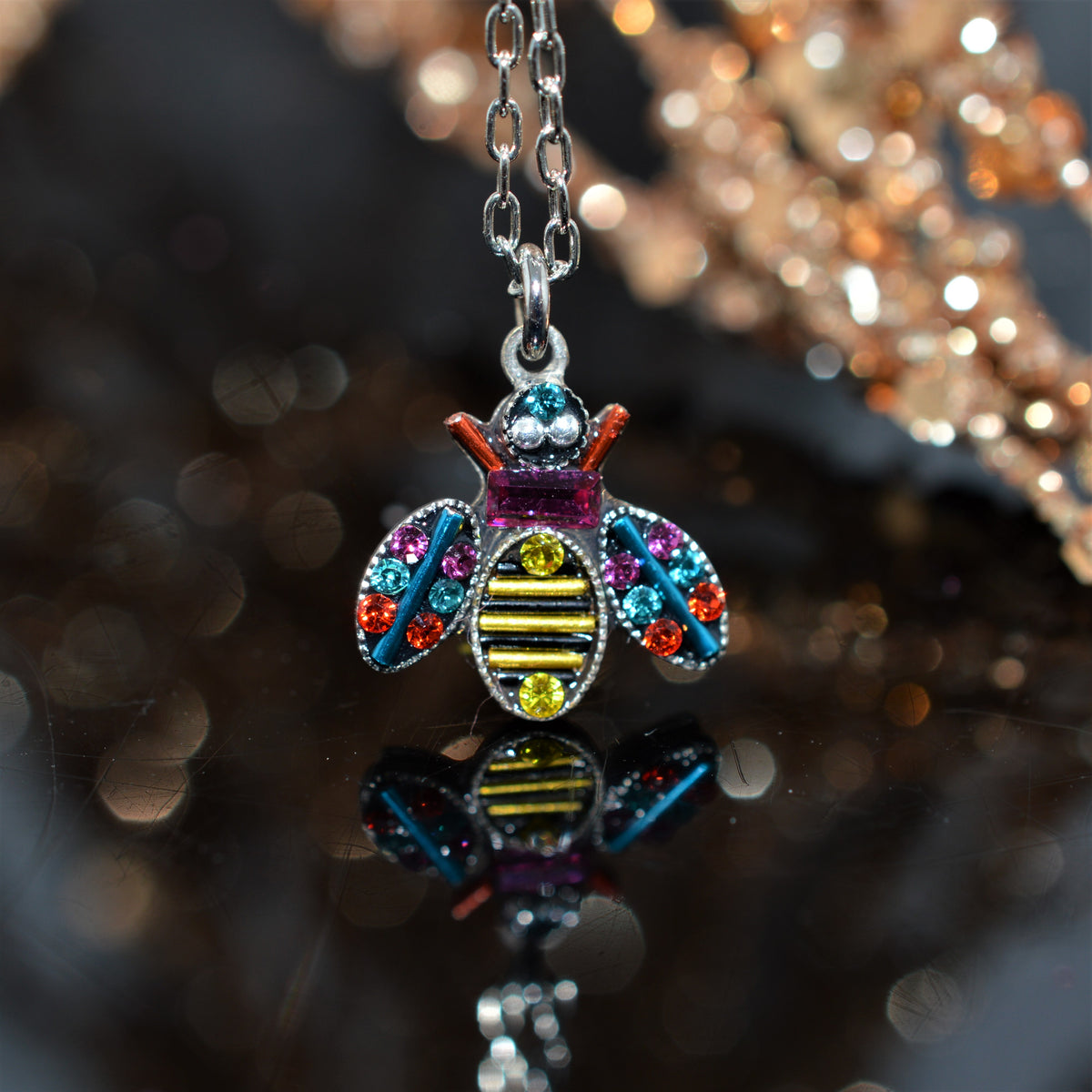 Antique Silver Plated Queen Bee Pendant With Multicolor Colored Crystals by Firefly