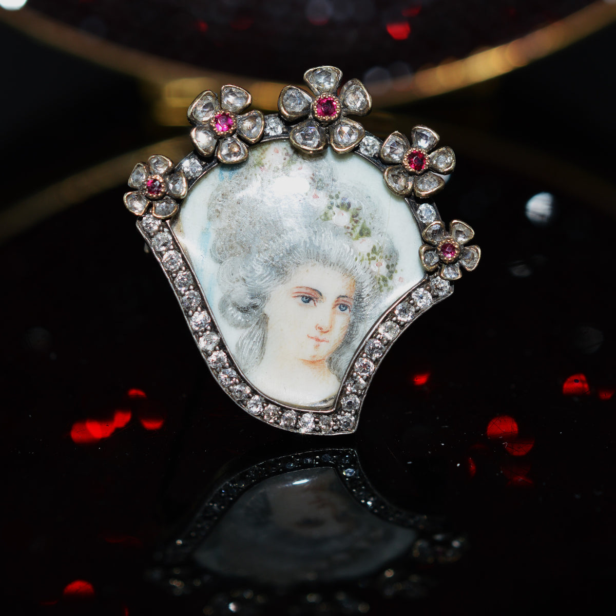 Silver Topped 18K Yellow Gold Georgian Portrait Brooch With Rubies and Diamonds