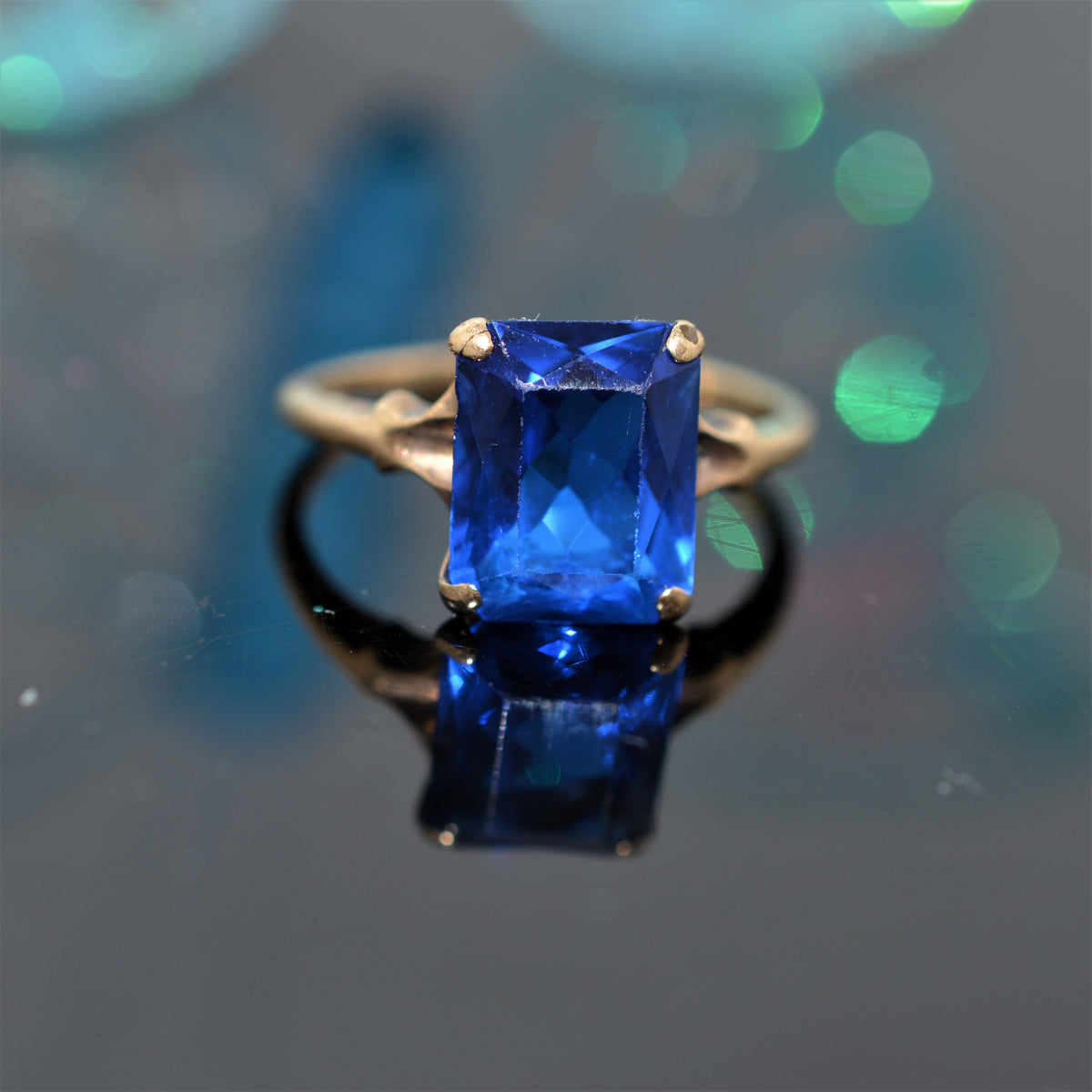 10K Yellow Gold Radiant Cut Synthetic Blue Spinel Ring by Helm &amp; Hahn