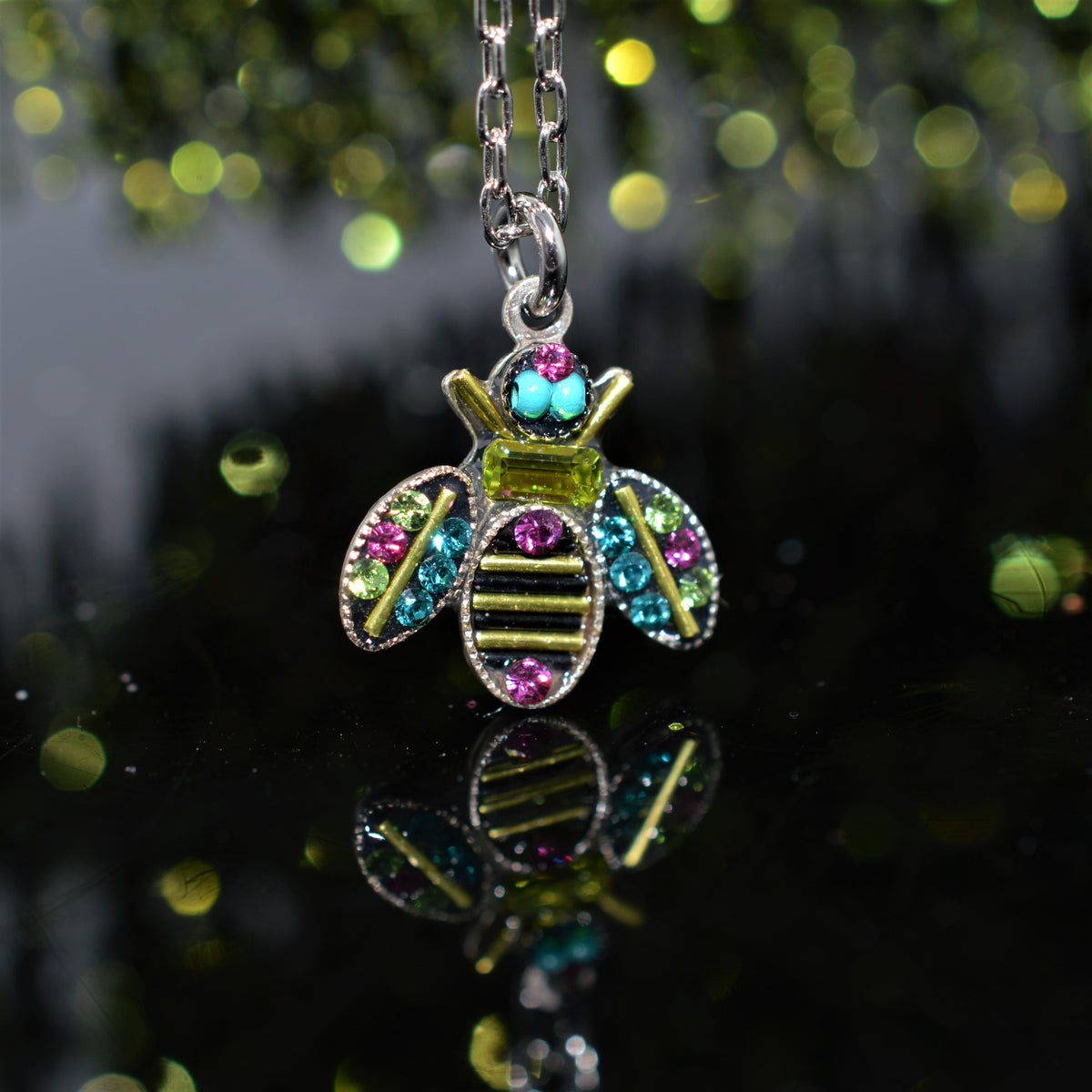 Antique Silver Plated Queen Bee Pendant With Citrus Green Colored Crystals by Firefly