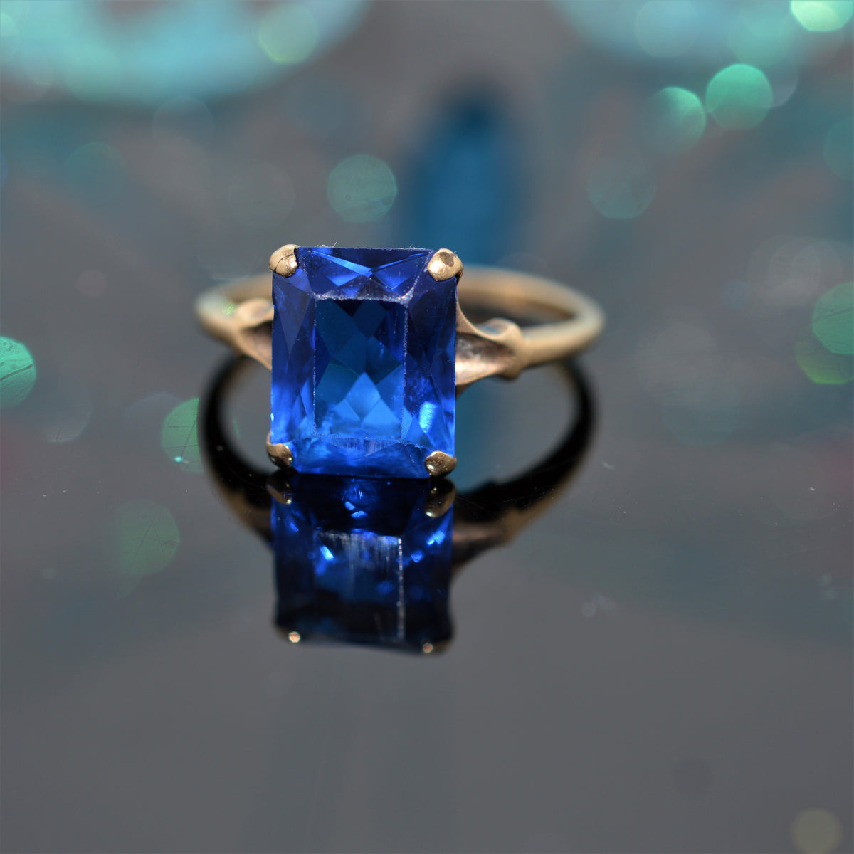 10K Yellow Gold Radiant Cut Synthetic Blue Spinel Ring by Helm &amp; Hahn