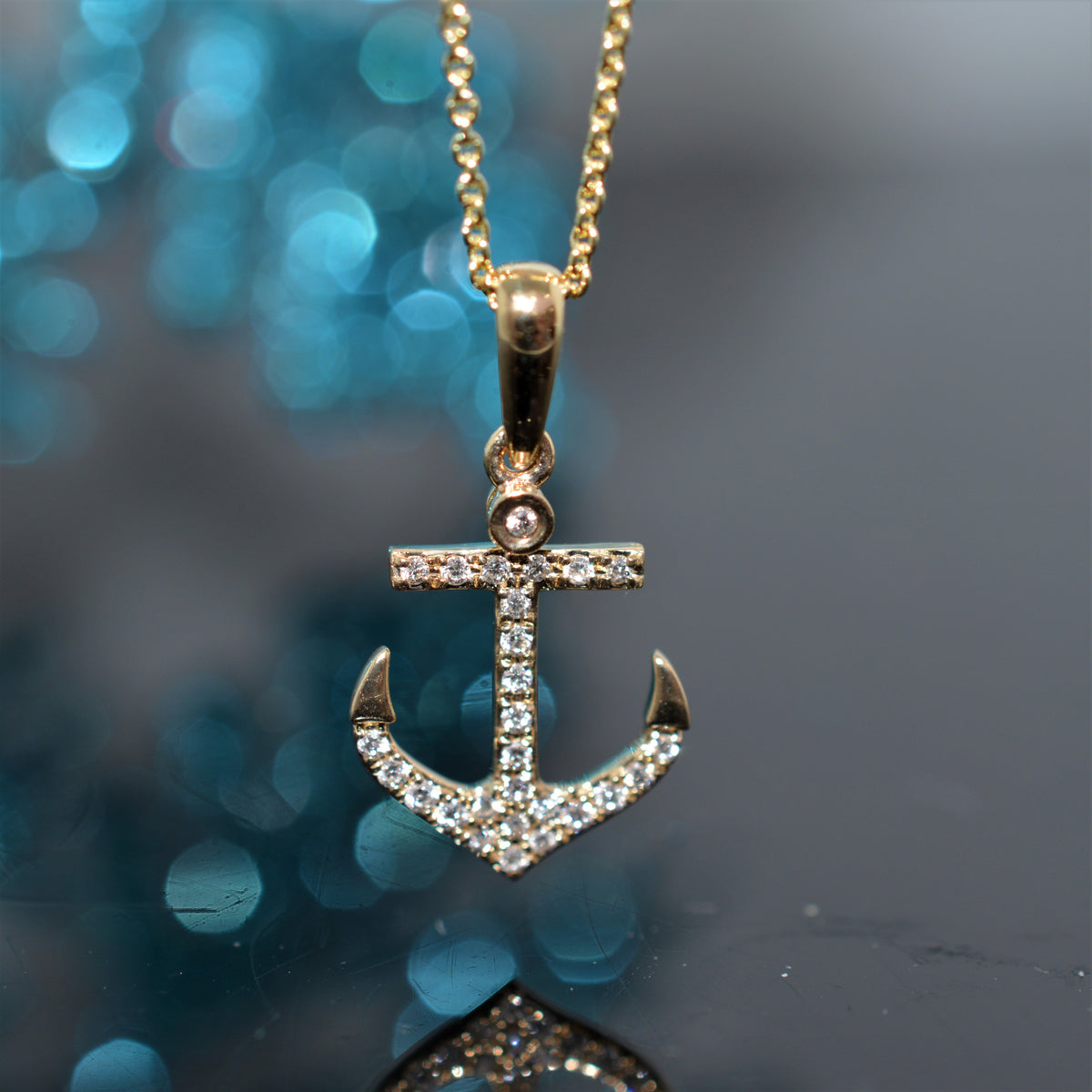 14K Yellow Gold Diamond Anchor Pendant