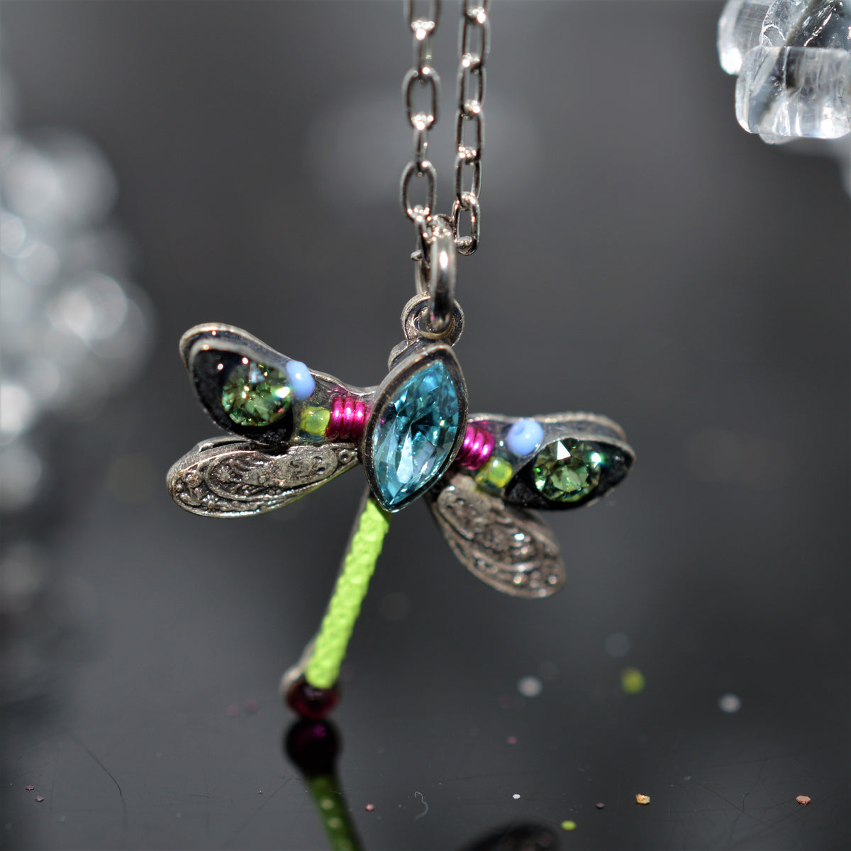 Antique Silver Plated Petite Dragonfly Pendant With Multicolor Crystals by Firefly