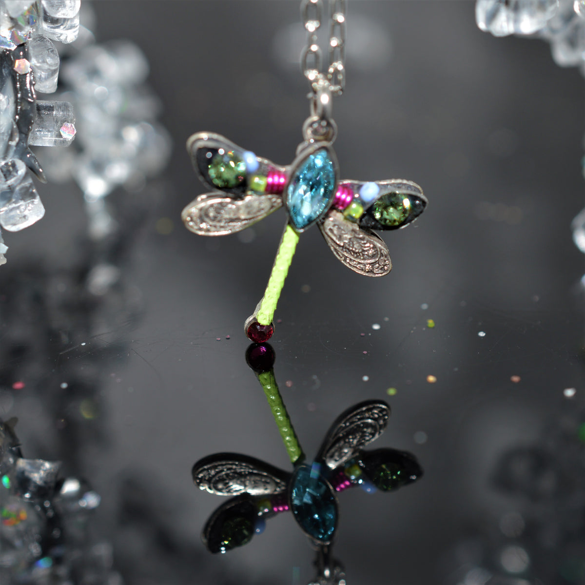 Antique Silver Plated Petite Dragonfly Pendant With Multicolor Crystals by Firefly