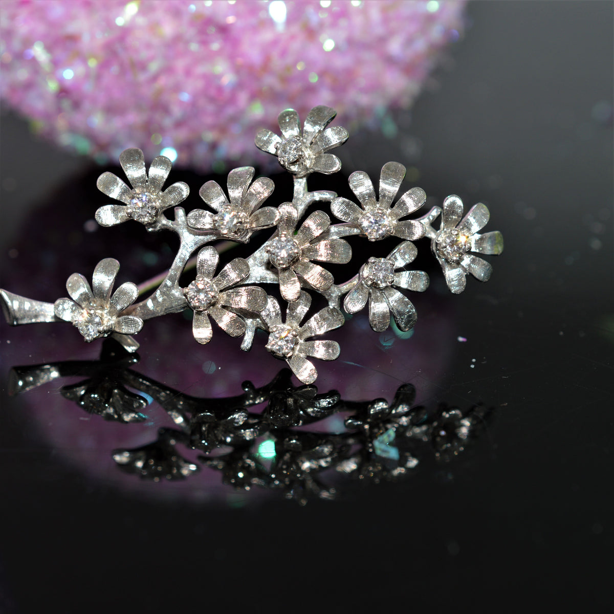 18K White Gold Branch With Flowers Diamond Brooch